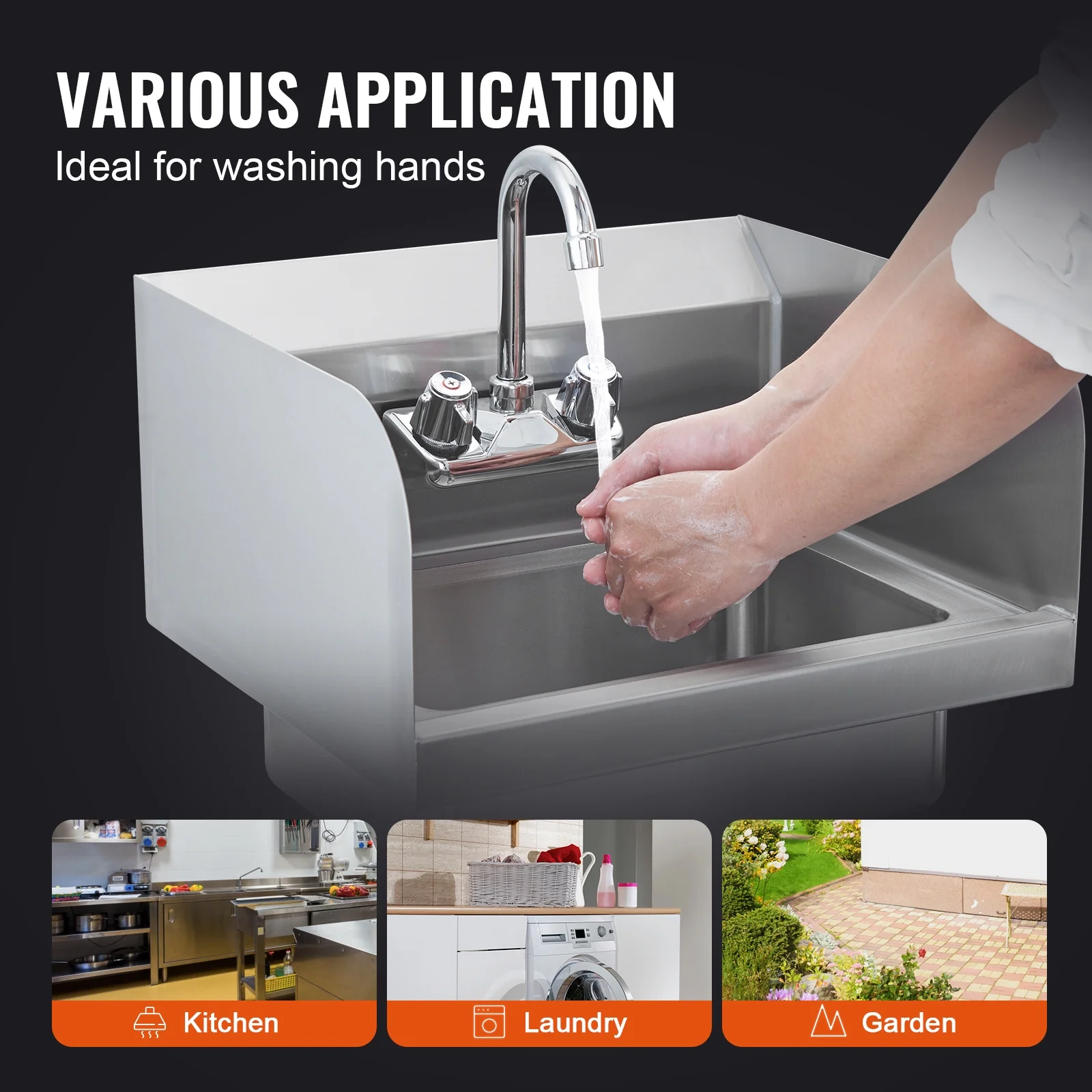 KFFKFF Industrial Hand Basin with Tap and Side Guard, Steel Basin for Cleaning, Compact Hand Cleaning Basin, Wall-Fitted Washbasin for Diner, Garage and Residence, 17x12.8 inch - Image 7