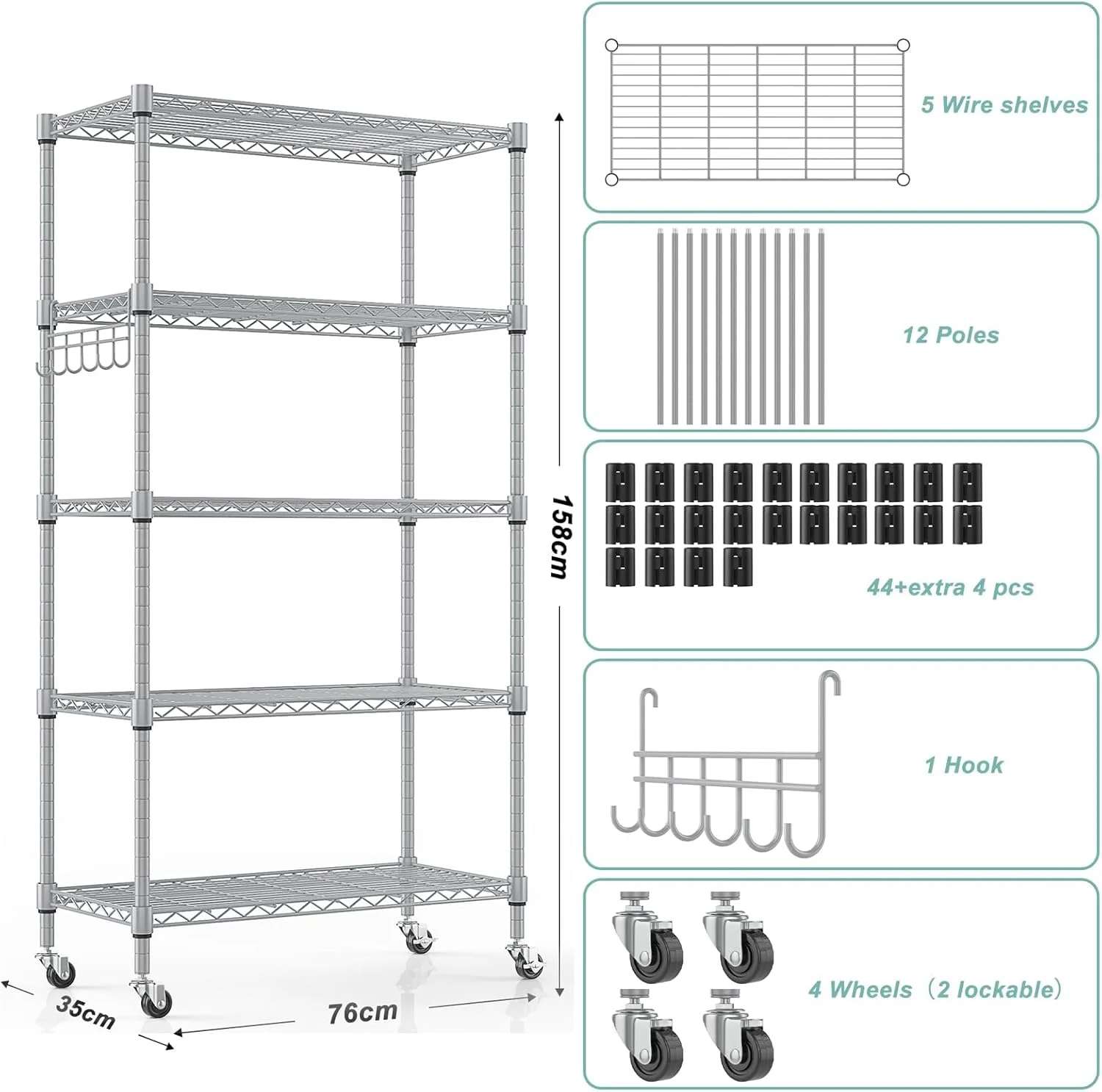 5-Tier Storage Shelf Wire Shelving Unit on Wheels, Adjustable Heavy Duty Metal Shelves with Side Hooks, Steel Rack Organization for Kitchen Garage Basement, Silver - Image 5