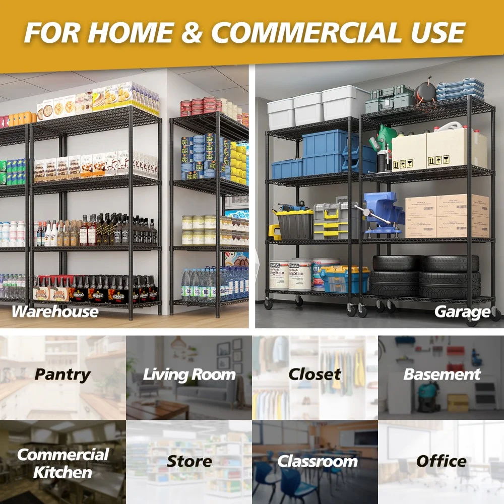 IVV 4-Tier Wire Shelving Unit on Wheels, Rolling Metal Storage Utility Rack, 2500LBS Capacity, Height Adjustable for Restaurant Garage Pantry Kitchen, 55.12"L x 23.62"W x 75.59"H, Black - Image 8