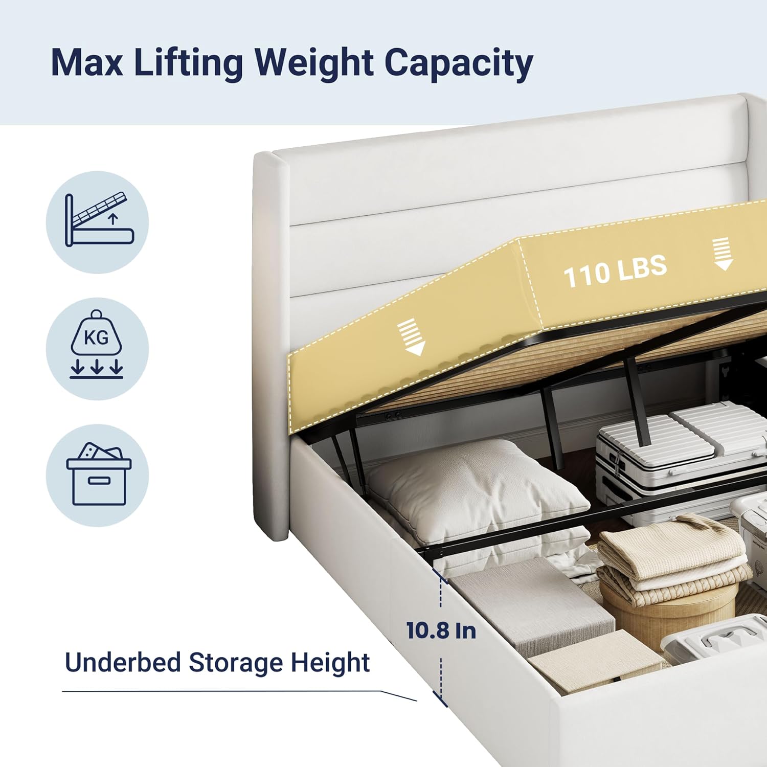 Queen Size Lift Up Storage Bed with Wingback Headboard, Upholstered Platform Bed Frame with Hidden Storage - Image 199