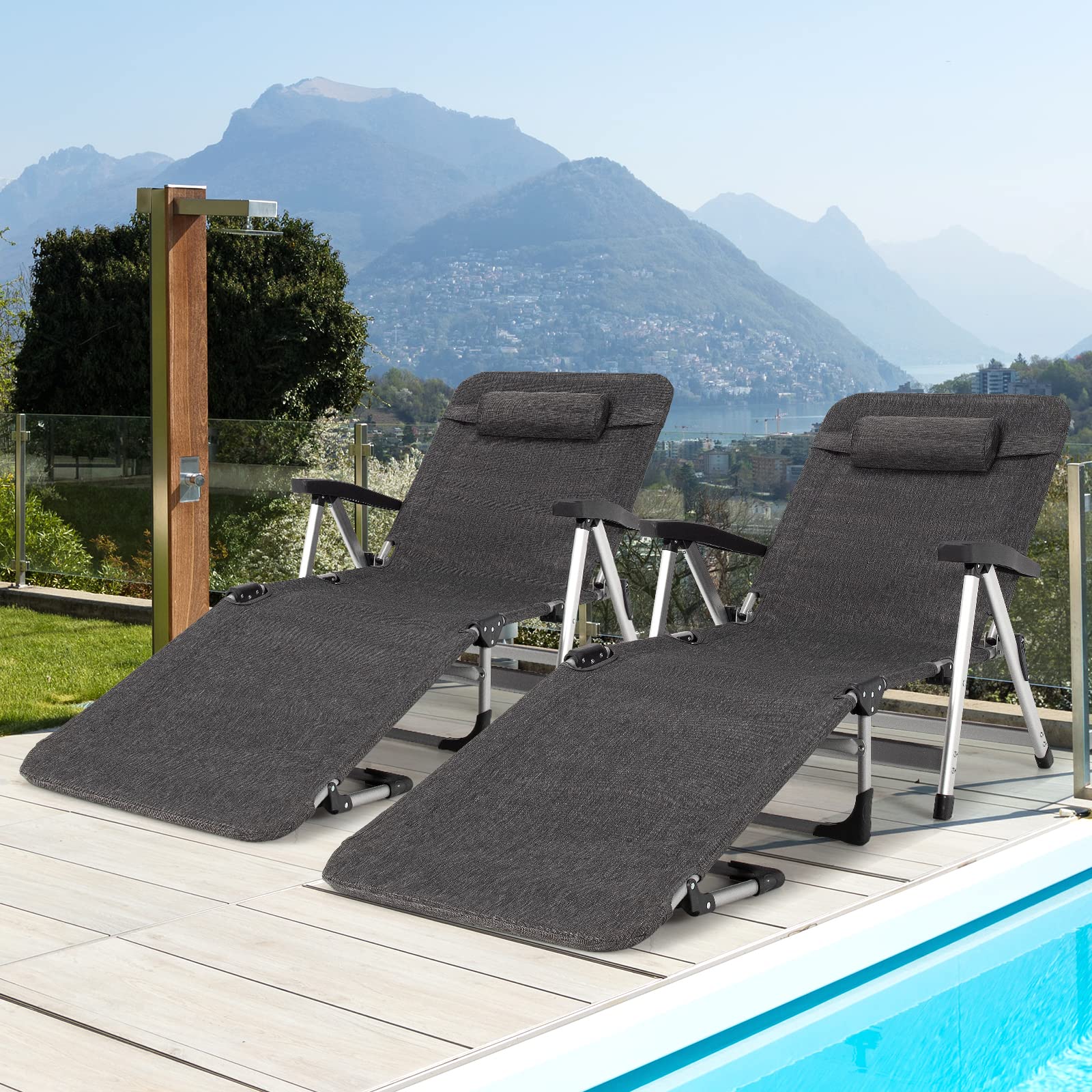 Folding Outdoor Chaise Lounge Chair with Cup Holder and Detachable Headrest - Image 2