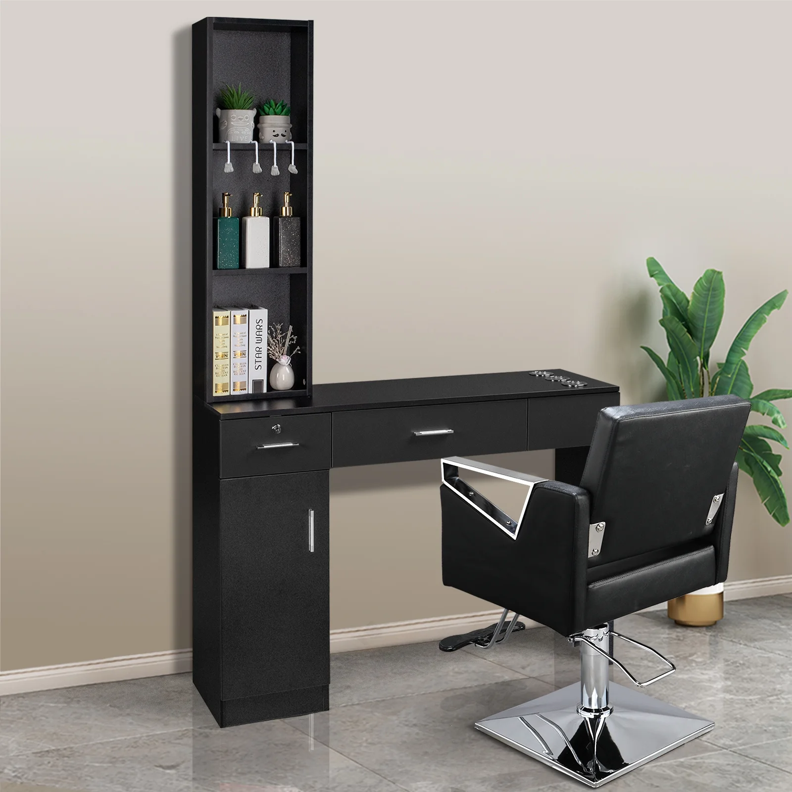 OmySalon Barber Station Wall Mount Salon Hair Styling Beauty Spa Equipment with 2 Drawers, 1 Storage Cabinet, 3 Open Shelves (Black) - Image 7