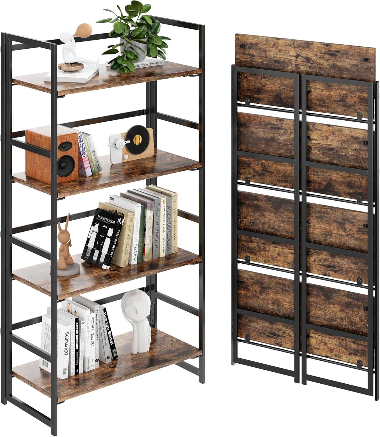 Vintage Multifunctional Folding Bookshelf, No-Assembly Plant Stand Storage Rack Shelves for Home Office (White, 5-Tier) - Image 7