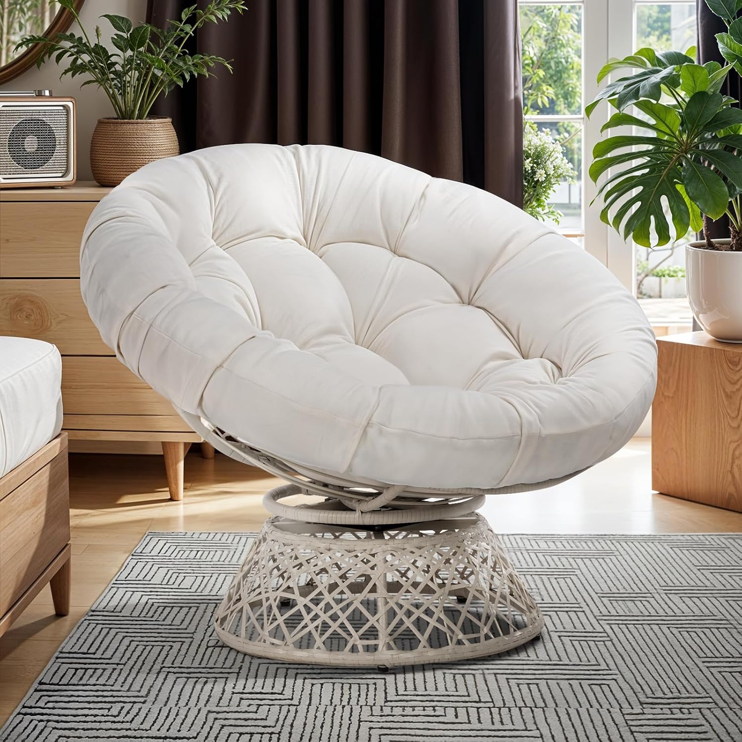 40" Wicker Papasan Chair, 360° Swivel, Arctic Snow, Brown Base - Image 15