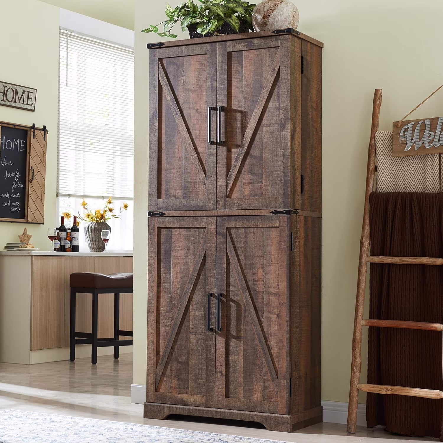47" Kitchen Pantry, Farmhouse Storage Cabinet with Barn Doors, Organizer and Adjustable Shelves, Rustic Wood Cupboard for Kitchen, Dining Room, Bathroom and Hallway, Black - Image 3