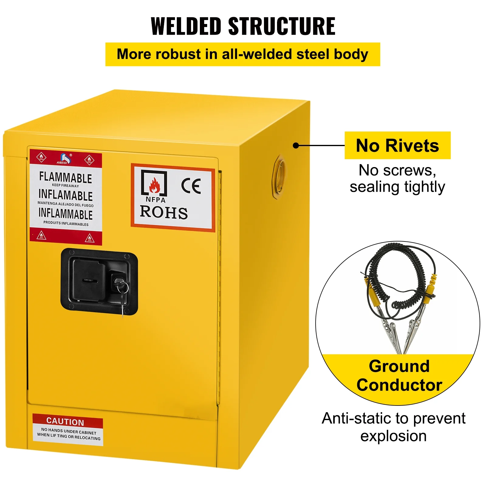 BENTISM Safety Cabinet for Flammable Liquids Single door and Manual Close Yellow Hazardous Storage 43 x 43 x 46CM - Image 6