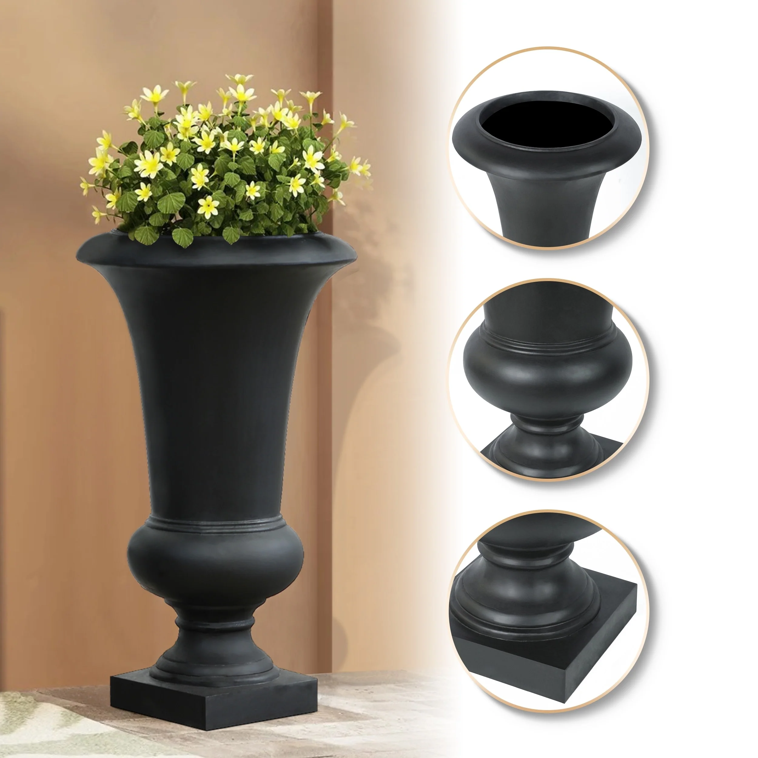 22.75" Tall Handmade Fiber Stone Urn Planter Pot, Decorative Outdoor Garden Flower Container for Patio and Home - Image 19