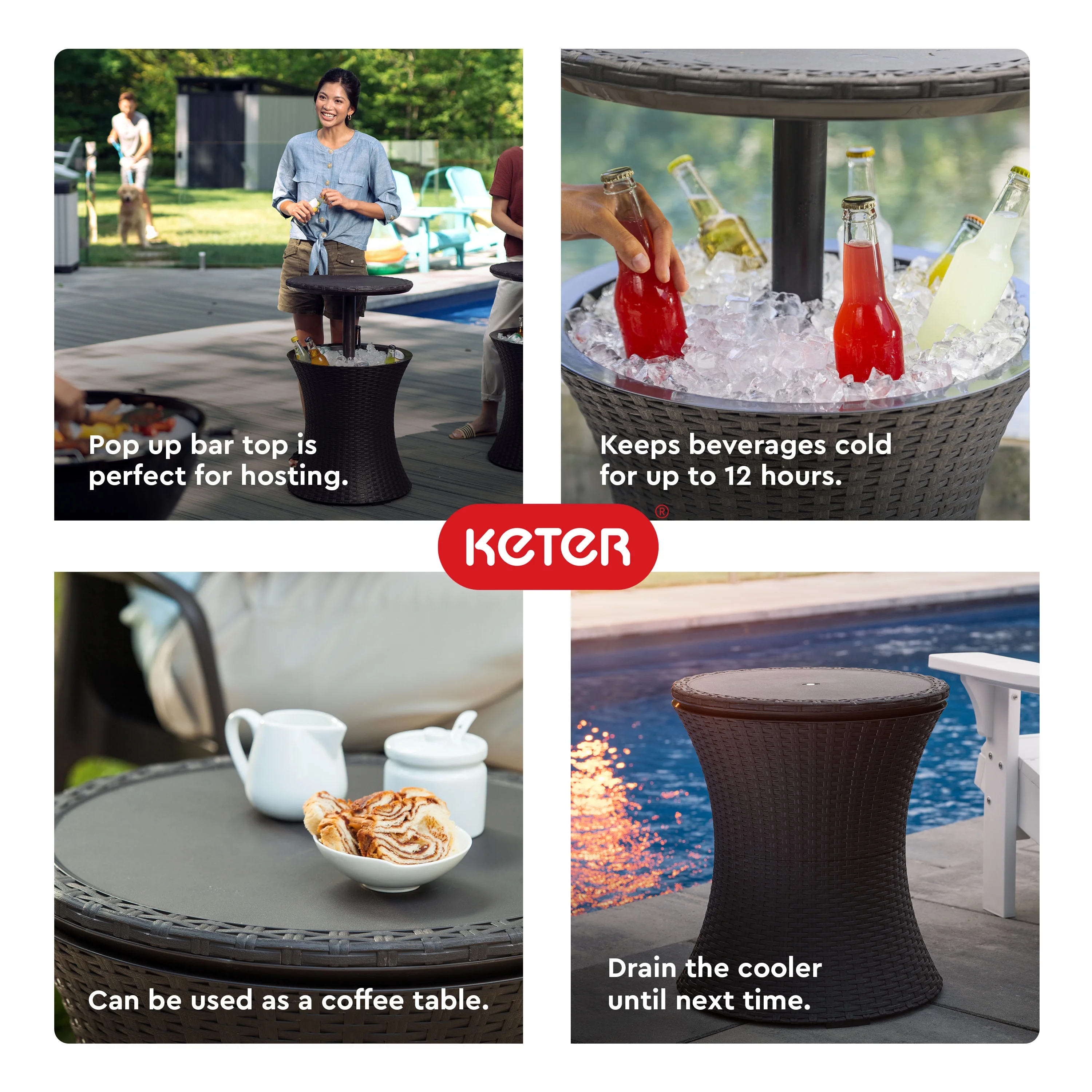 Keter Pacific 7.5 Gallon Cool Bar 2 in 1 Weather Resistant Side Table and Bar Durable Resin Outdoor Patio Beverage Cooler Table, Rattan Look Brown - Image 9