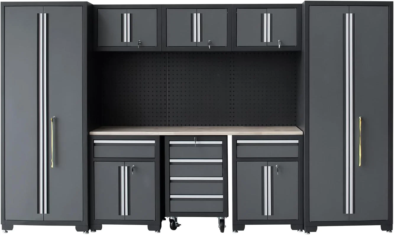 HPDMC Garage Storage Cabinet System 9-Pcs Workshop Set Metal Garage Cabinets and Storage System with Steel Cabinet Drawers, Rolling Chest, Workbench, Pegboard for Garage Tool Organization - Image 9