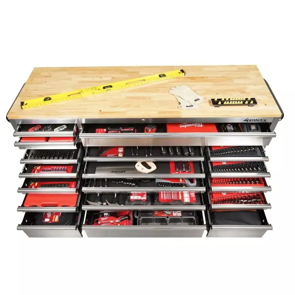 72-Inch 18-Drawer Mobile Workbench, 24-Inch Deep, with Solid Wood Top and Stainless Steel Finish - Image 4