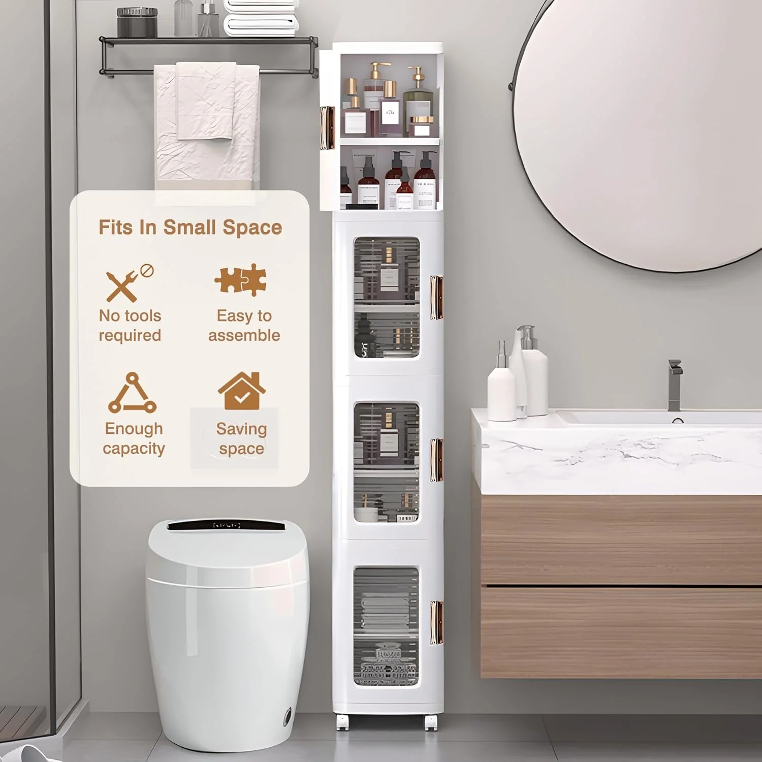 4-Tier Tall Narrow Plastic Storage Cabinet, Slim Vertical Organizer for Bathroom, Bedroom and Home Storage - Image 3