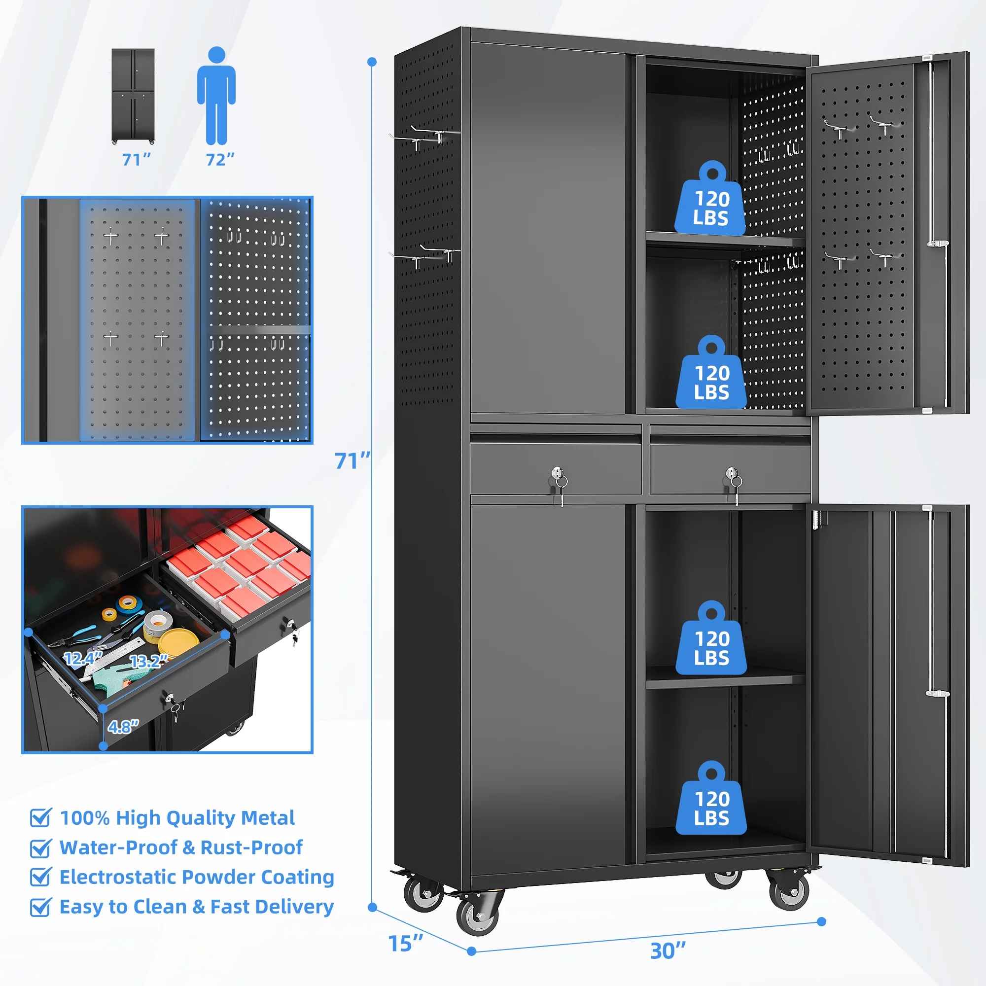 Gaeanet Rolling Tool Storage Cabinet with 5 Adjustable Shelves and Pegboard,Metal Garage Storage Cabinet with Wheels for Garage Home Office Utility Room,71" H-32" W-16" D,Required Assembly, Black - Image 56
