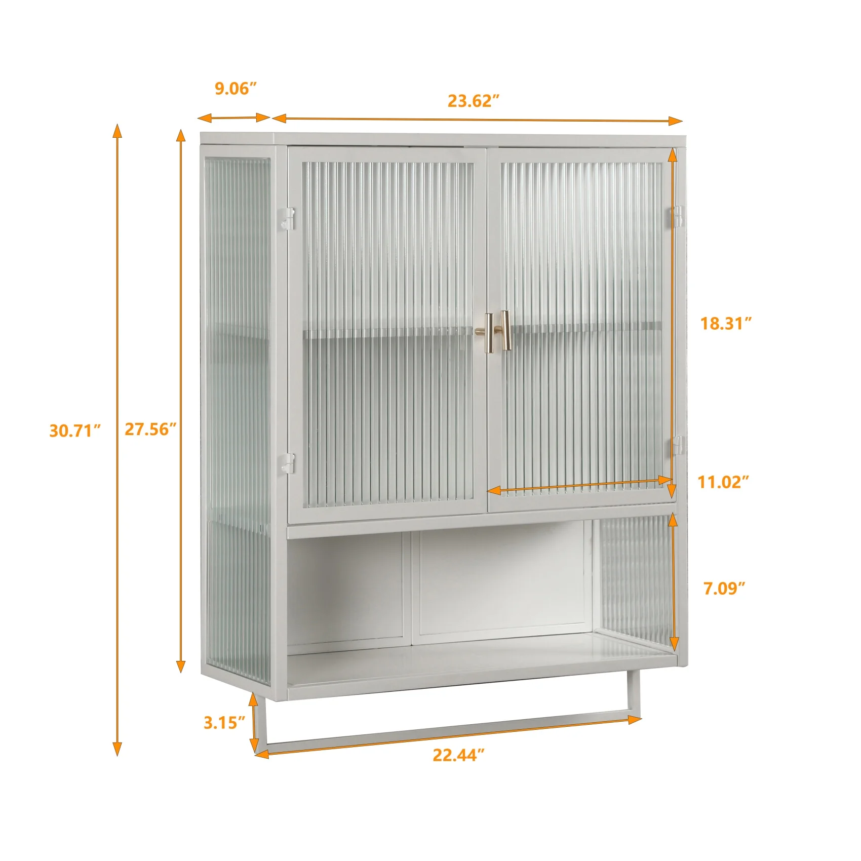 Two-door Wall Cabinet, Modern Kitchen Wall Mounted Cabinet with 2 Glass Doors, Two-tier Enclosed Storage, an Open Shelf, Towel Rack, Metal Wall Cabinet for Entryway, Living Room, Bathroom, White - Image 4