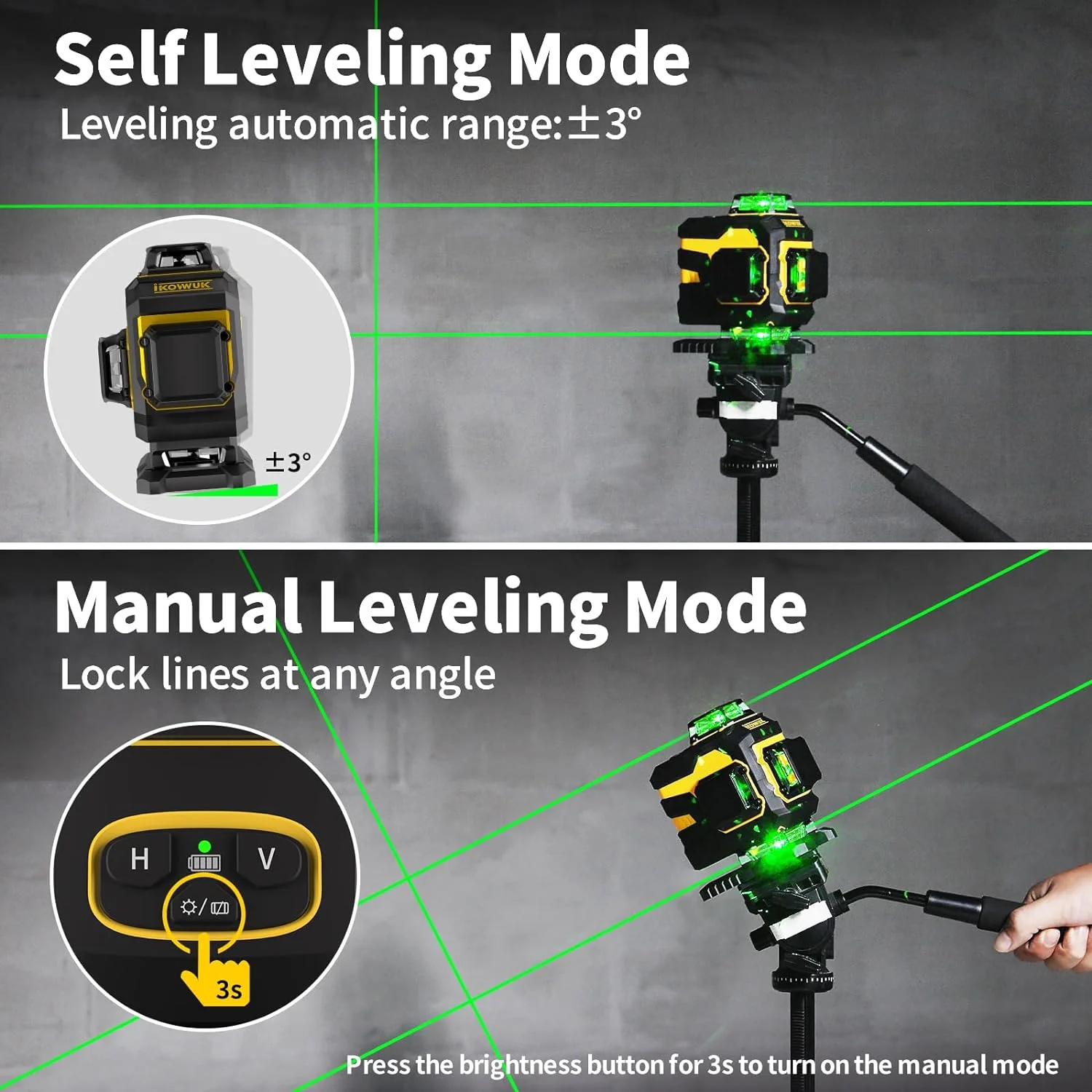 Laser Level, IKOVWUK 3x360- Cross Line Laser for Construction and Picture Hanging, 12 Green Lasers with Self-leveling, 65 ft Vertical & Horizontal Line, Level Tool with 5200 mAh Rechargeable Battery - Image 9