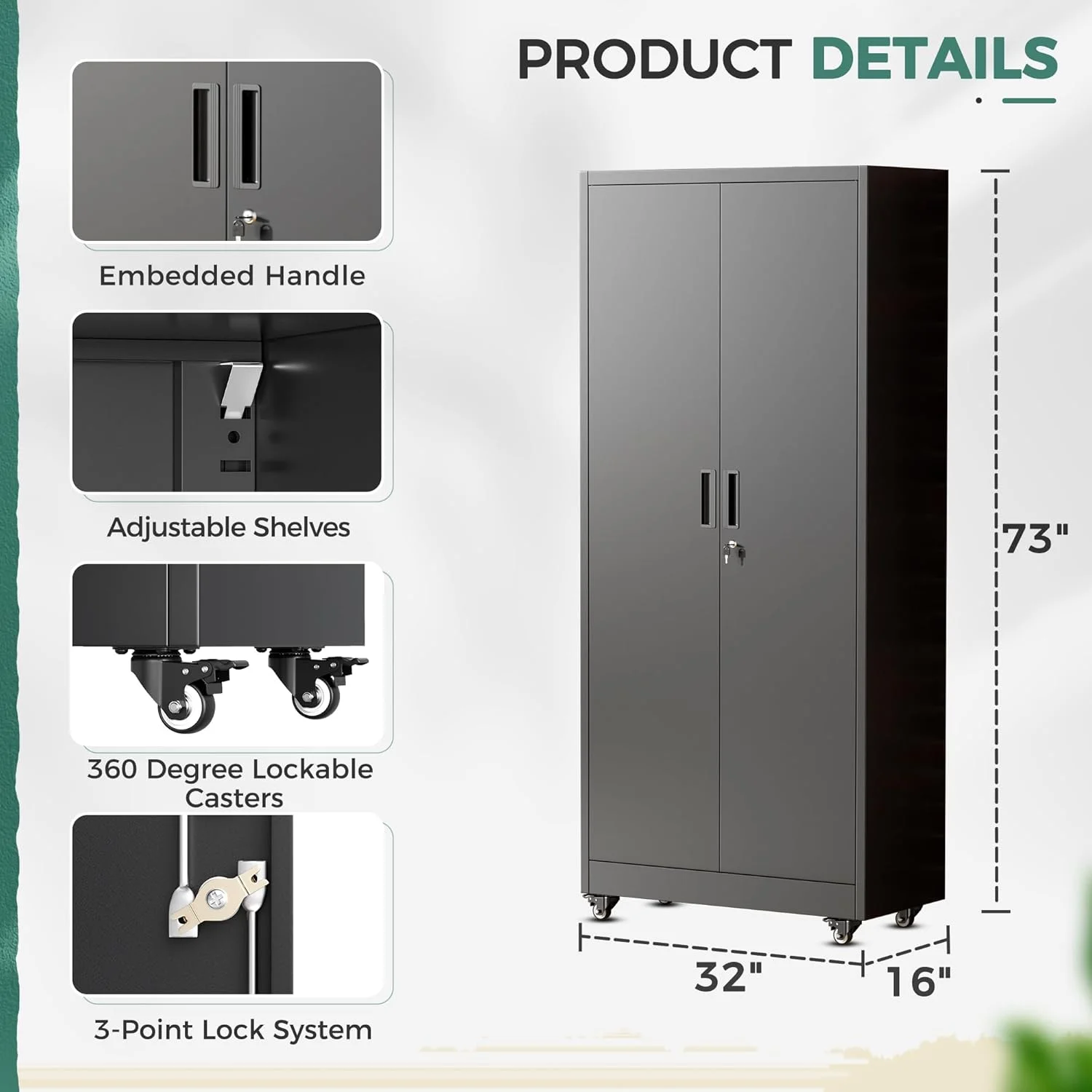 SOLAURA 73 in Metal Storage Cabinet with Wheels, Garage Rolling Cabinet with Locking Doors and 4 Adjustable Shelves, Lockable Tool Storage Cabinets for Garage, Home, Office(Black) - Image 3
