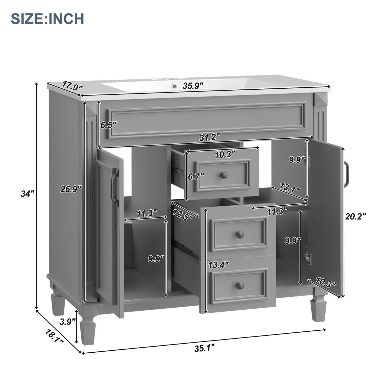 Modern Bathroom Furniture Set, 36" Bathroom Vanity with Top Sink, 35" Wall Mounted Bathroom Storage Cabinet, Mirror Cabinet with 6 Shelves, Storage Cabinet with 2 Doors and 2 Drawers, Grey - Image 4