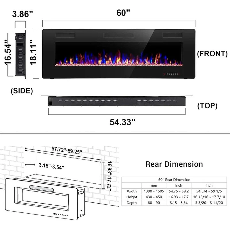 Recessed Electric Fireplace Heater, Wall Mounted 750-1500W Fireplace with Remote Control - Image 8