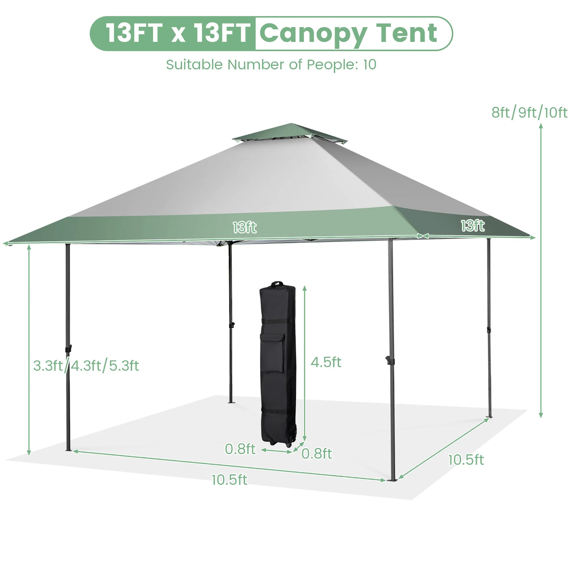 Gymax 13'x13' Outdoor Patio Pop Up Canopy Tent Sun Protection w/ Wheeled Bag Green & Grey - Image 3