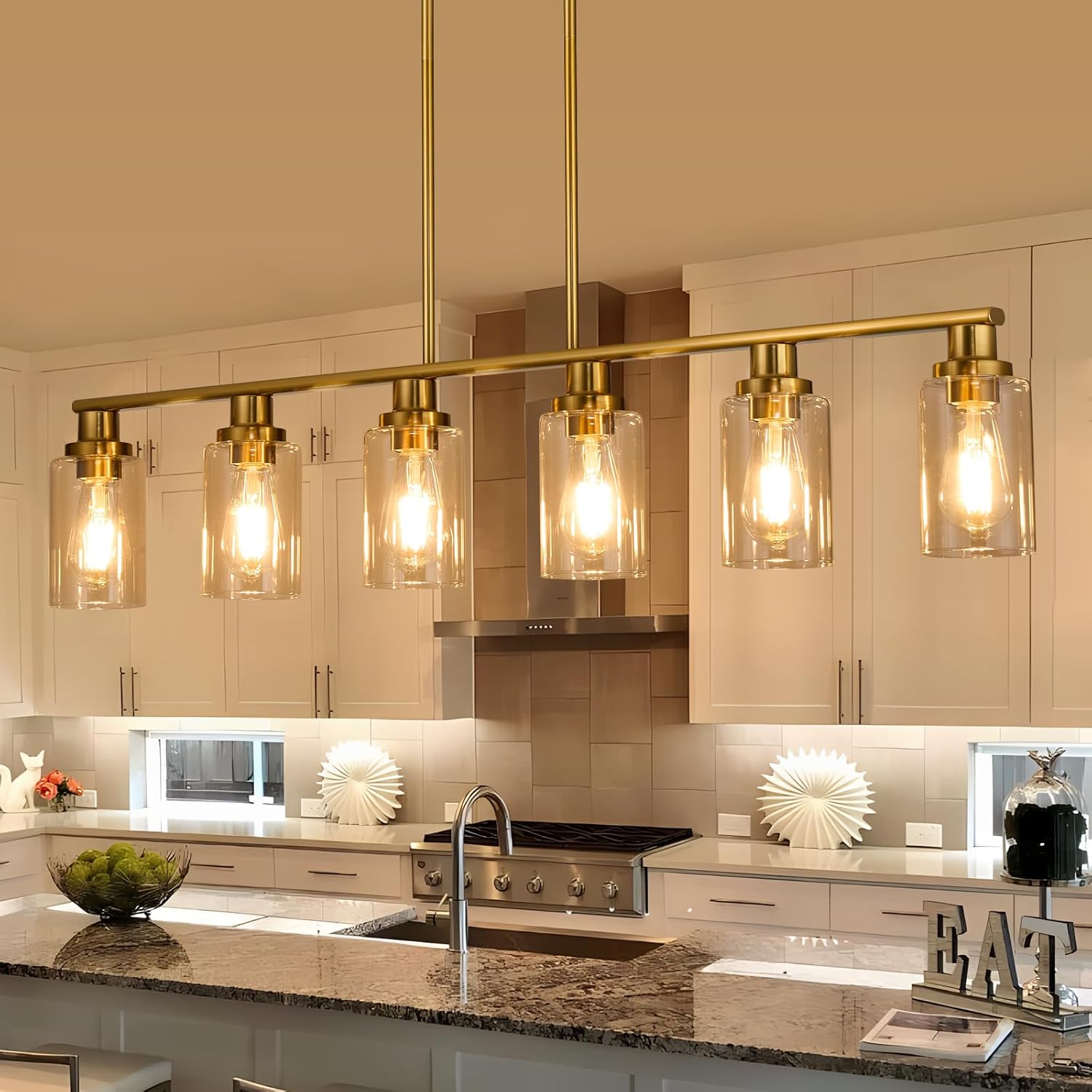 Kitchen Island Lighting, 4-Light Dining Room Light Fixtures Over Table,Gold Linear Chandelier for Dining Room Hanging,Pendant Lights Kitchen Island with Clear Glass Shade - Image 3