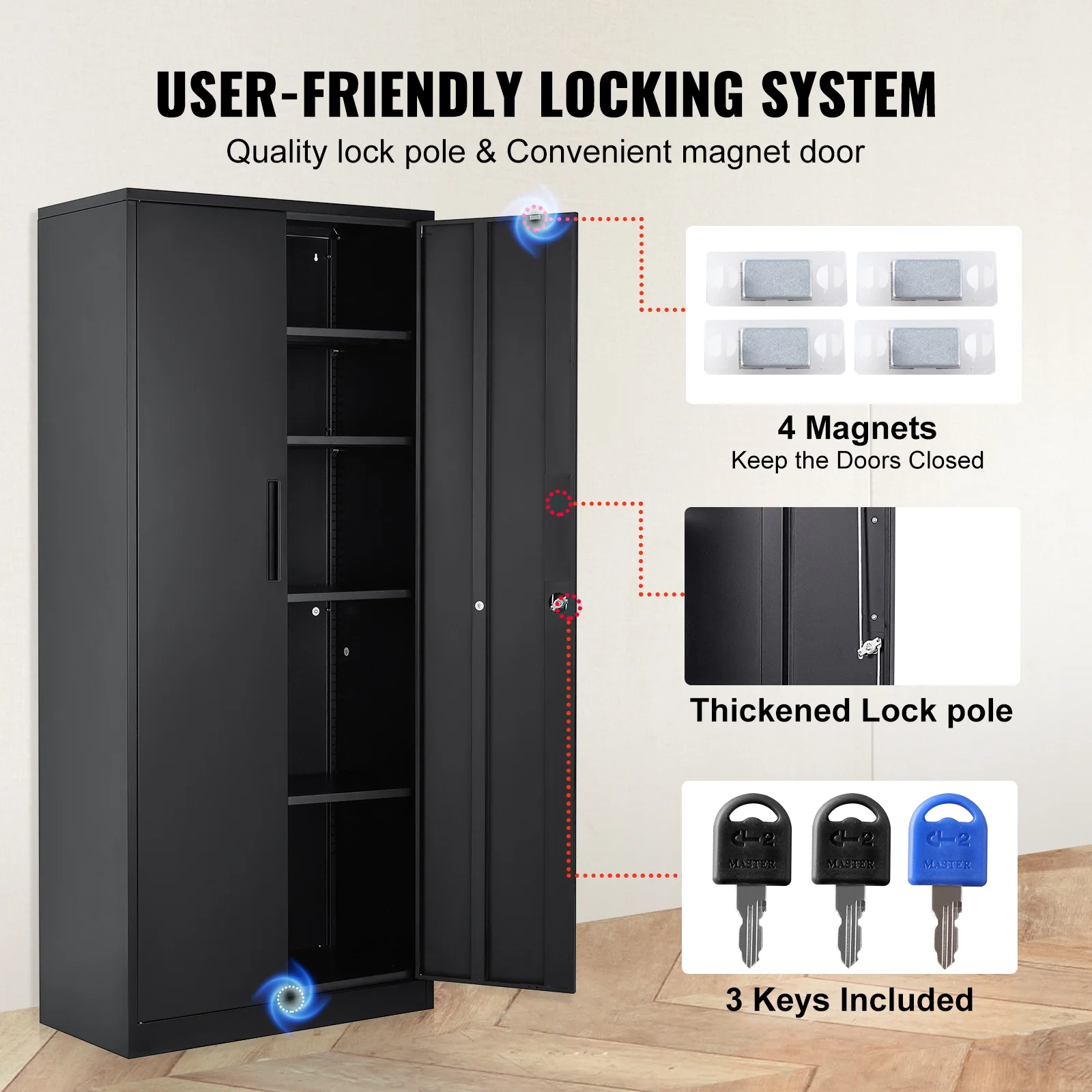 KFFKFF Iron Storage Unit, Secure Storage Unit with Dual Magnetic Entryways and Quartet of Customizable Racks, 71'' Iron Unit with 200 lbs Load Limit per Rack, Accompanied by Trio of Keys - Image 9