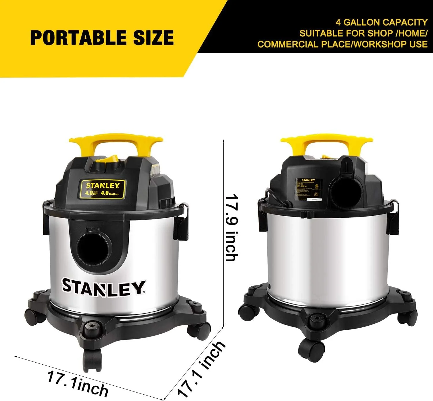 4 Gallon Wet Dry Vacuum, 4 Peak HP Stainless Steel 3 in 1 Shop Vacuum Blower with Powerful Suction, Vacuum for Job Site, Garage, Basement, Workshop, Top Handle, Portable Wet Dry Vac SL18301-4B - Image 2