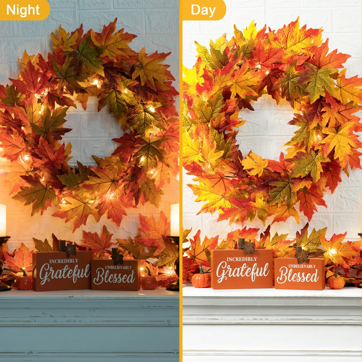 Thanksgiving LED Lighted Fall Maple Leaf Wreath and Garland - Autumn Home Decor - Image 12