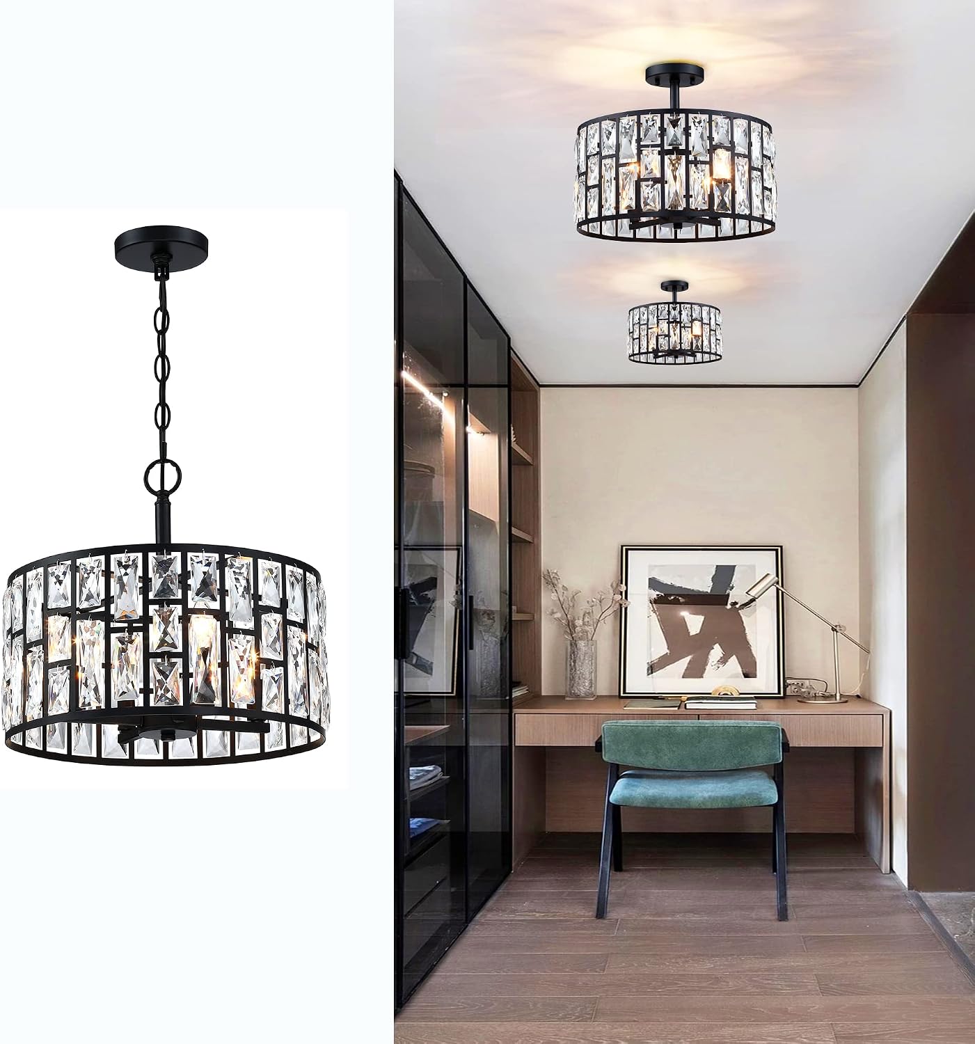Modern Crystal Pendant Light Fixture 3-Pack, Matte Black Finish Hanging Lighting, Crystal Chandelier for Living Room, Kitchen, Hallway - Image 15