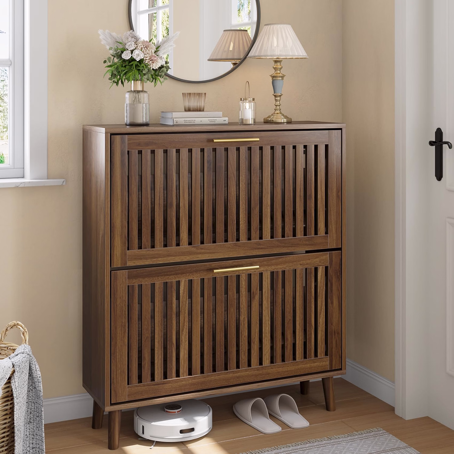 31.5" W Shoe Cabinet Storage for Entryway with 2 Flip Drawers, Shoe Cabinet with Slatted Panel, Hidden Shoe Rack Freestanding Slim Shoes Organizer for Hallway, Entrance, Walnut