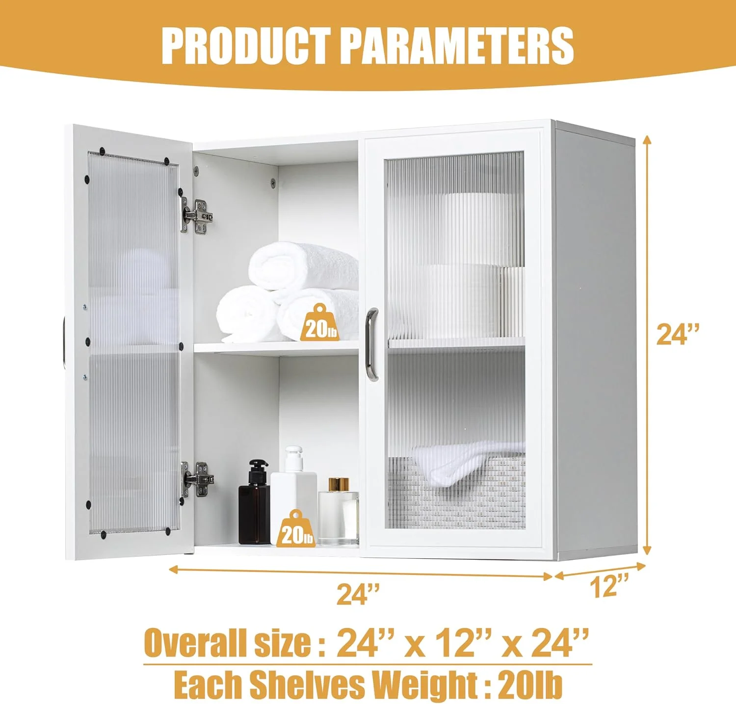 24" Kitchen Wall Storage Cabinet - Led Farmhosue Food Cabinets Cupboards with 2 Doors and Shelves for Small Sparce in Dinning or Living Room - Image 2