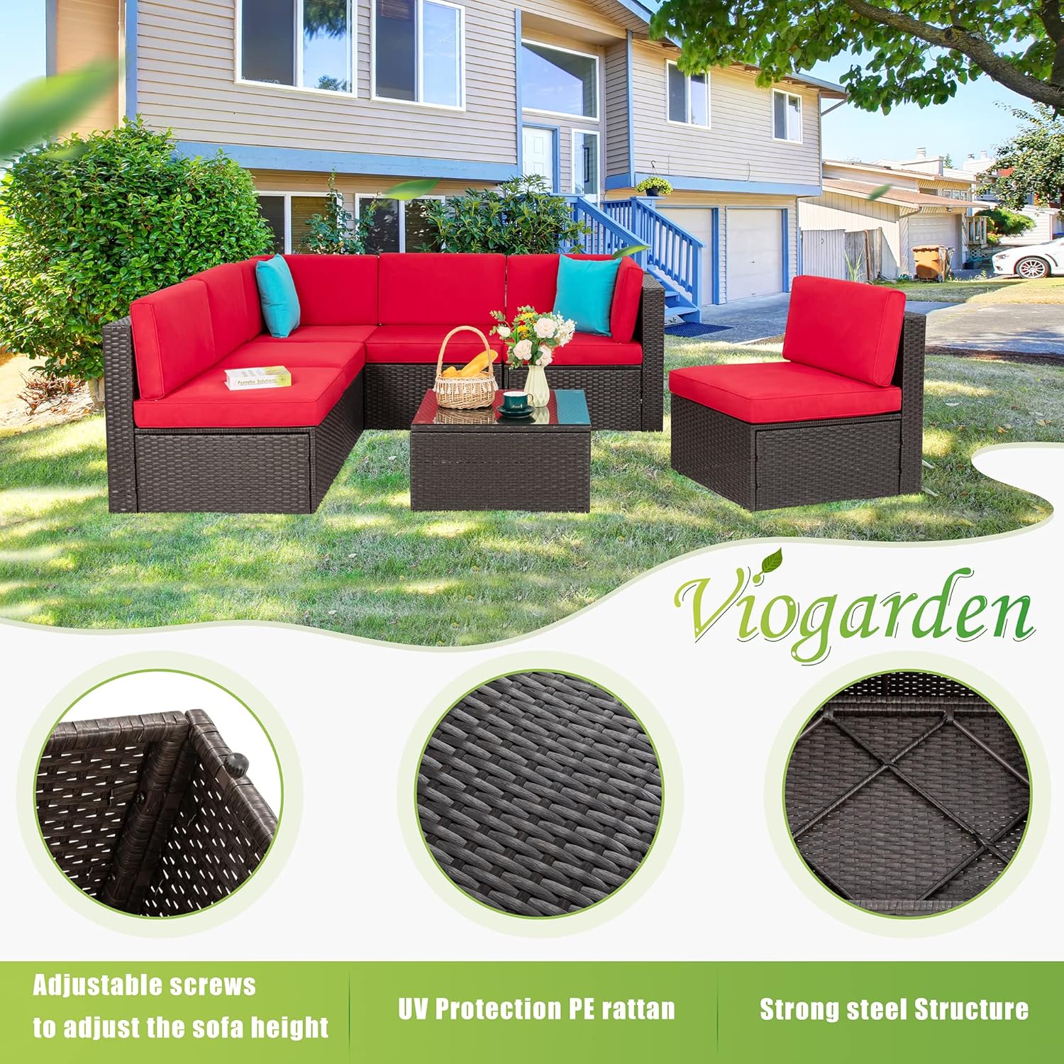 5-Piece All-Weather Patio Furniture Set with Ottoman, Outdoor Wicker Conversation Sofa Set with Cushions for Garden, Deck & Backyard - Image 57