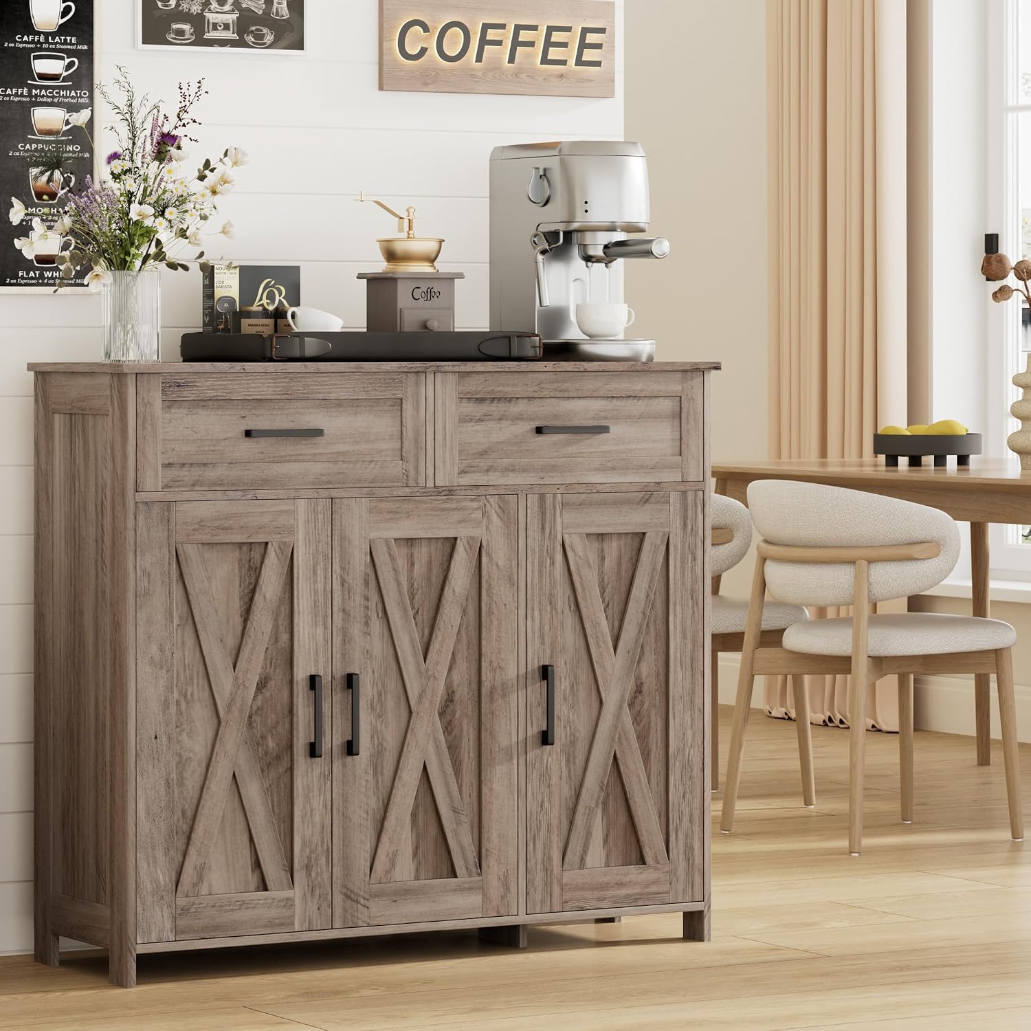 Coffee Bar Storage Cabinet with Drawers, Kitchen Buffet Cabinet