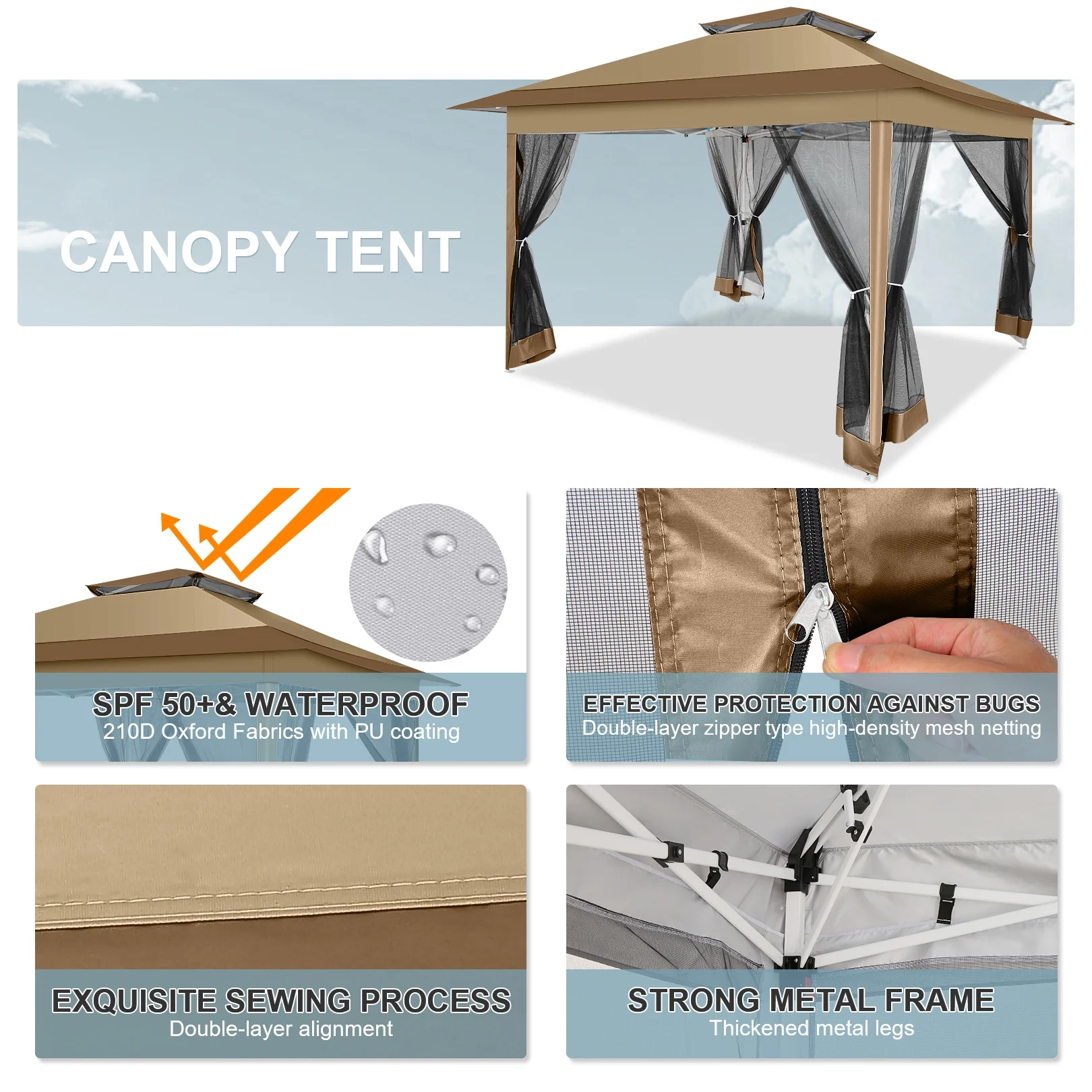 COBIZI 11x11 Pop up Gazebo Outdoor Canopy Gazebo Patio Gazebo with Mosquito Netting Canopy Shelter with 121 Square feet of Shade for Poolside, Garden, Party and Backyard, Khaki - Image 59