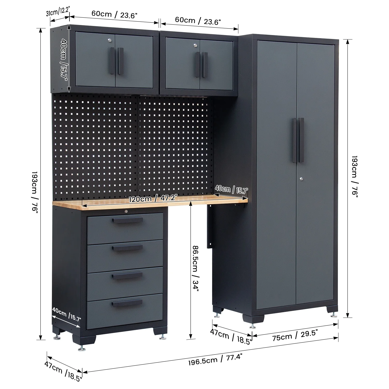 HPDMC Garage Storage Cabinet System 7-Pcs Workshop Set Metal Garage Cabinets System with Steel Cabinet Drawers, Workbench, Pegboard for Garage Tool Organization - Image 12
