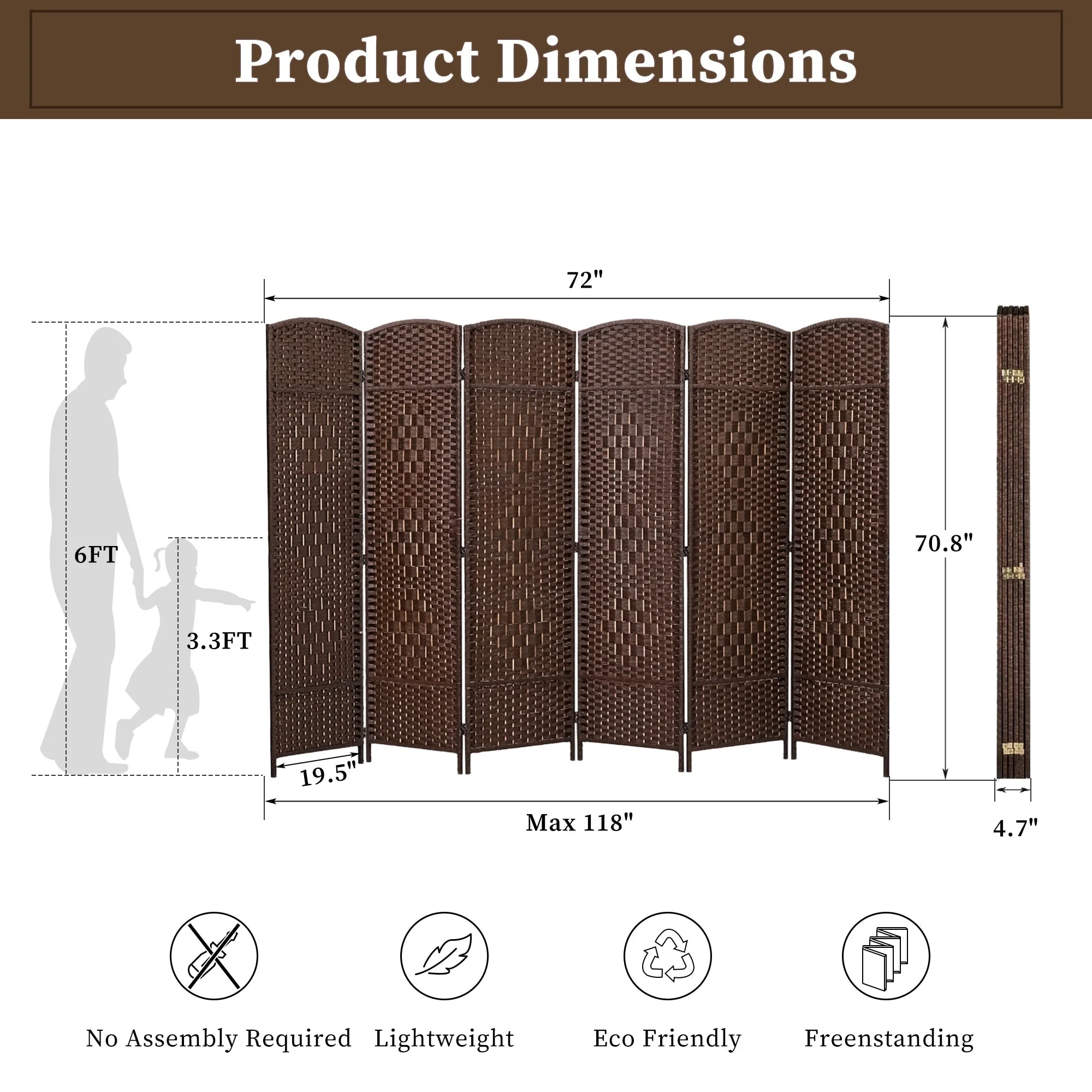 6 FT Tall Woven Fiber Room Divider, Freestanding Folding Privacy Screen - Image 29