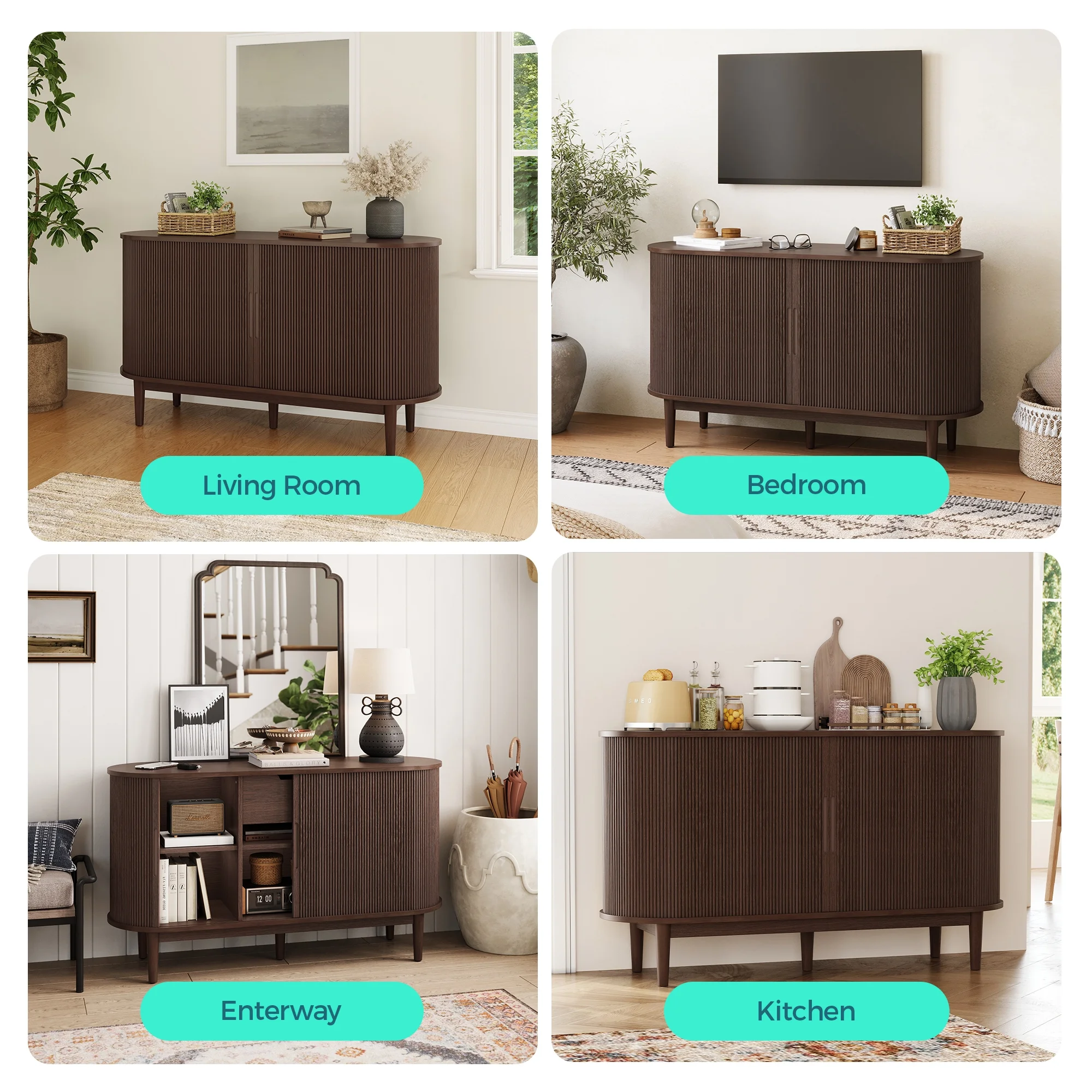 LINSY HOME Fluted Pantry Storage Cabinet, Kitchen Cabinets with Sliding Tambour Door, Wide Storage Cabinet with Removable & Adjustable Shelves for Dining Room, Living Room, Bathroom, Oak - Image 15