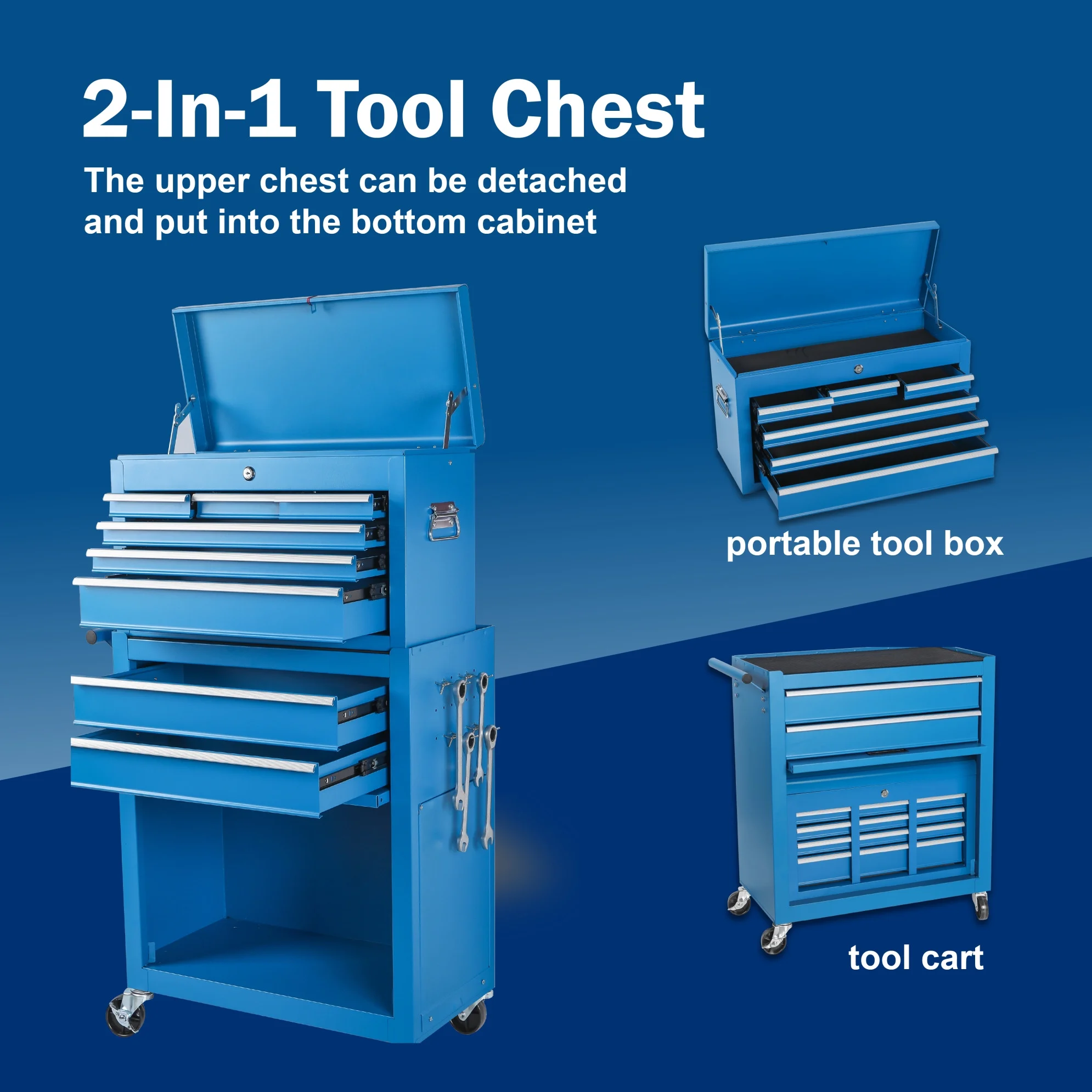 Tool Chest, 8-Drawer Rolling Tool Storage Cabinet with Lockable Wheels, Rolling Tool Chest with 2 in 1 Detachable Top Tool Box, and Locking Mechanism, Metal Tool Cart for Garage, Workshop, Blue - Image 2