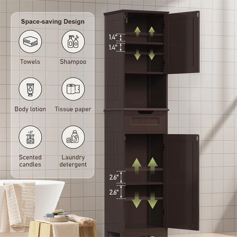 67 Inch Tall Narrow Bathroom Linen Cabinet, 5-Tier Solid Wood Freestanding Storage Cabinet - Image 6