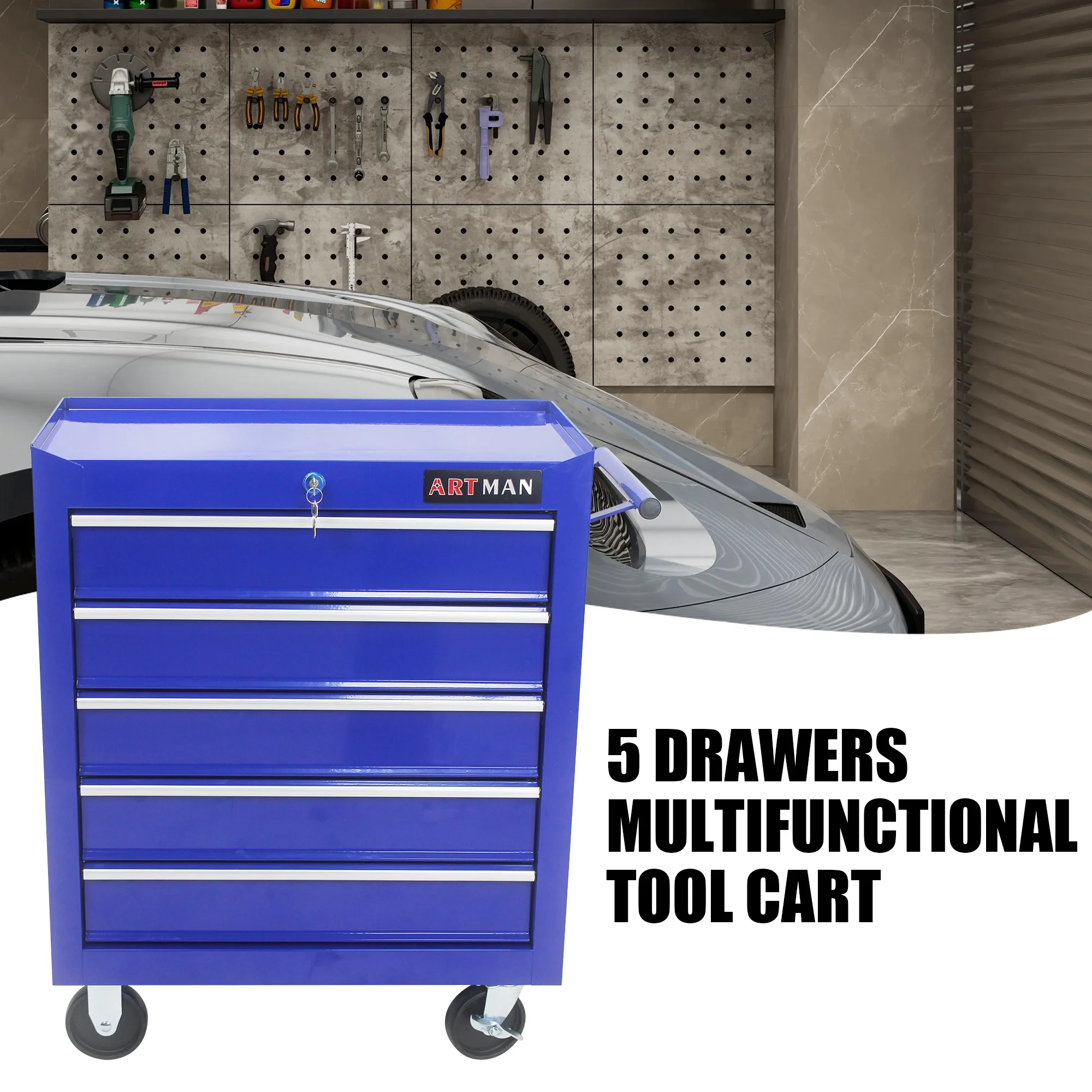 5 Drawer Rolling Tool Chest, Steel Tool Storage Cabinet for Garage Storage with 4 Wheels and Locker - Image 11