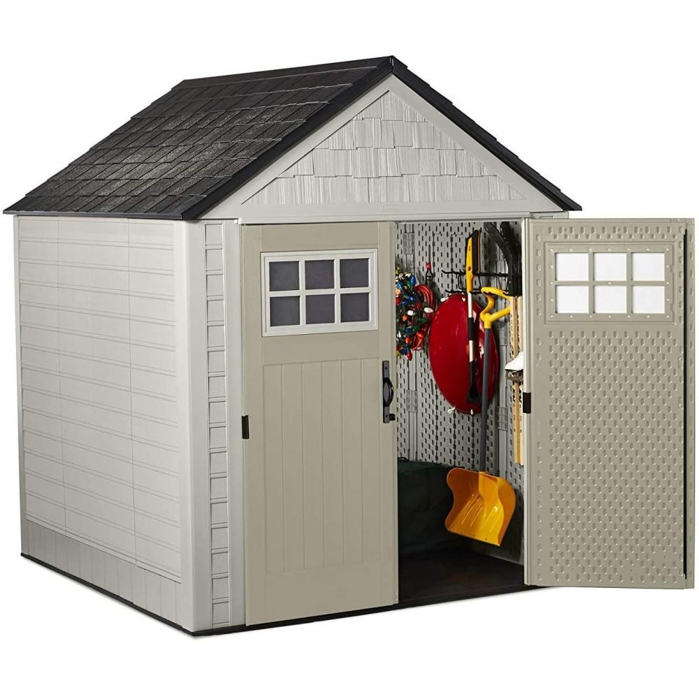 7 7 Ft Durable Weather Resistant Resin Outdoor Garden Storage Shed with Windows and Utility Hooks, Sand - Image 5
