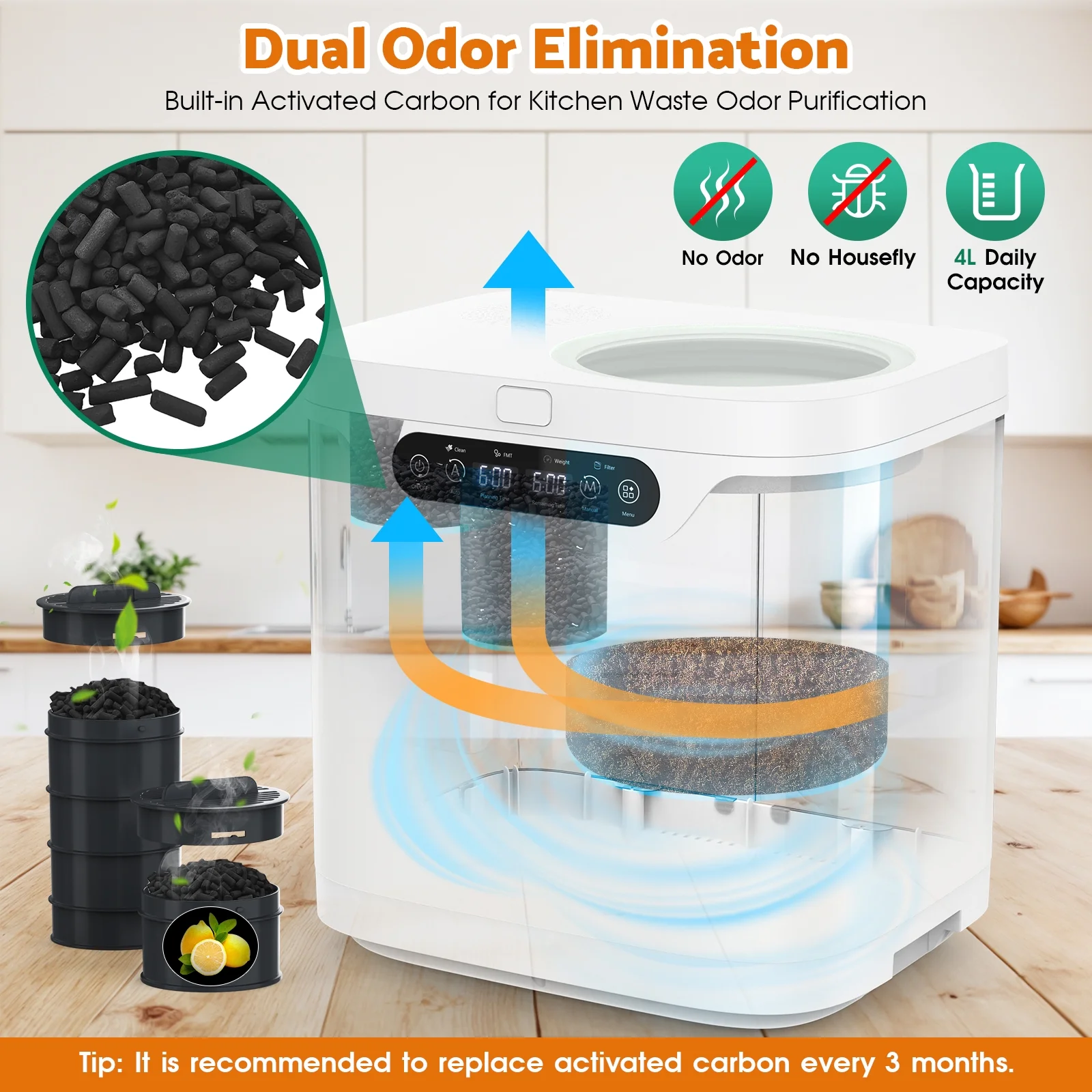 Advwin 4L Electric Composter for Kitchen, Indoor Compost Bin, 2 Detachable Carbon Filter, Auto-Cleaning - Image 5