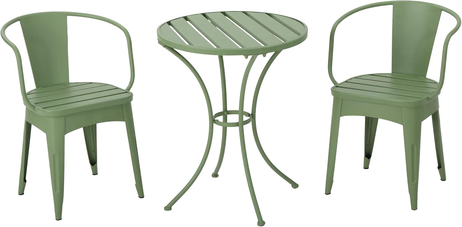 Outdoor Iron Bistro Set, 3-Pcs Set, Matte Green