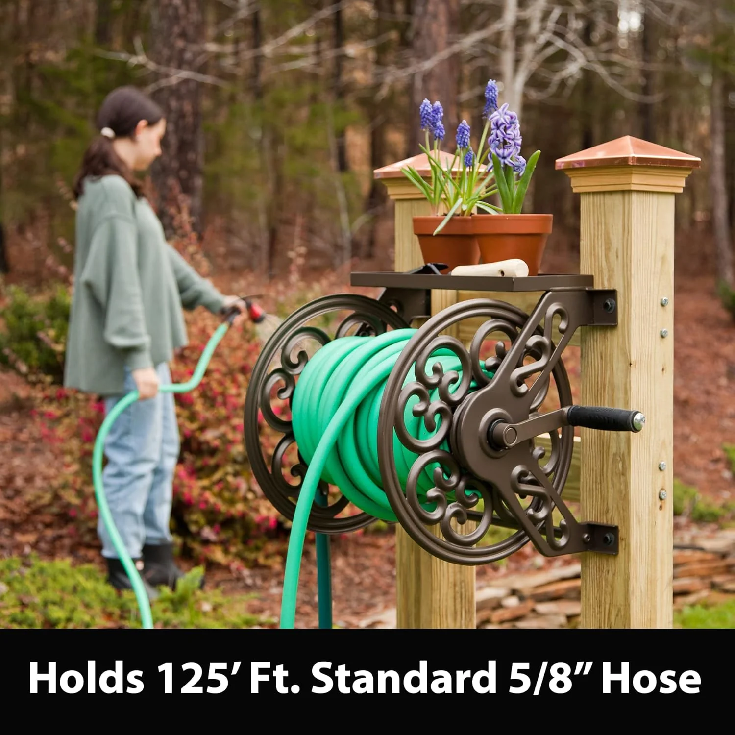 Steel Decorative Wall Mount Garden Hose Reel, Outdoor Garden Hose Storage Holder for Patio and Yard - Image 4