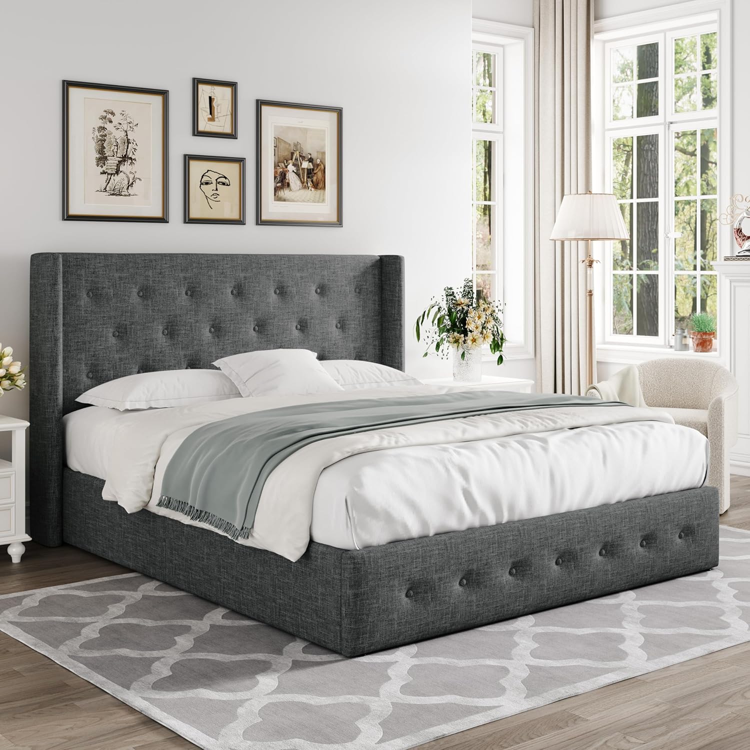 Queen Size Lift Up Storage Bed with Wingback Headboard, Upholstered Platform Bed Frame with Hidden Storage - Image 152