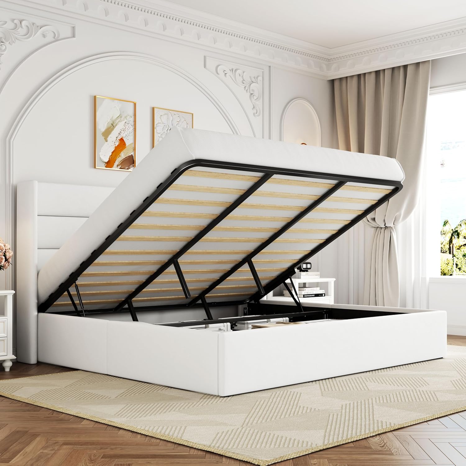 Queen Size Lift Up Storage Bed with Wingback Headboard, Upholstered Platform Bed Frame with Hidden Storage - Image 33