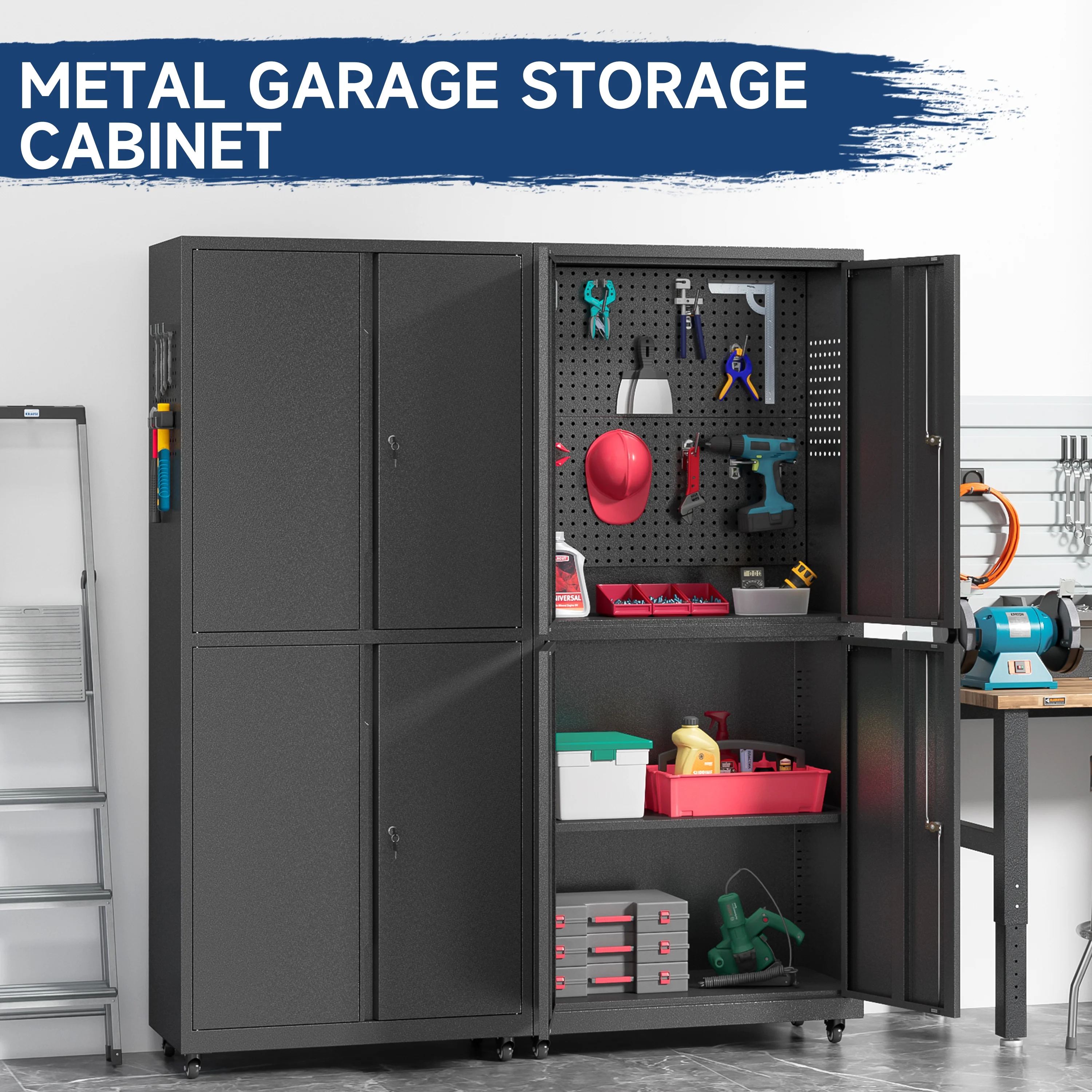 Metal Storage Cabinet with Wheels,Tool Storage Cabinet with Doors and Shelves Adjustable,Heavy Duty Garage Storage Cabinet,Steel Locking Storage Cabinet for Garage/Warehouse/Office/School/Home-Black - Image 11