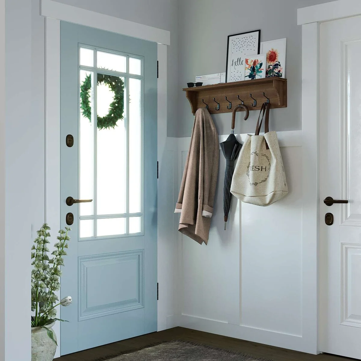 Wood Wall Key Holder with Shelf, Decorative Entryway Mail Organizer with Large Coat Hooks and Storage Rack - Image 2