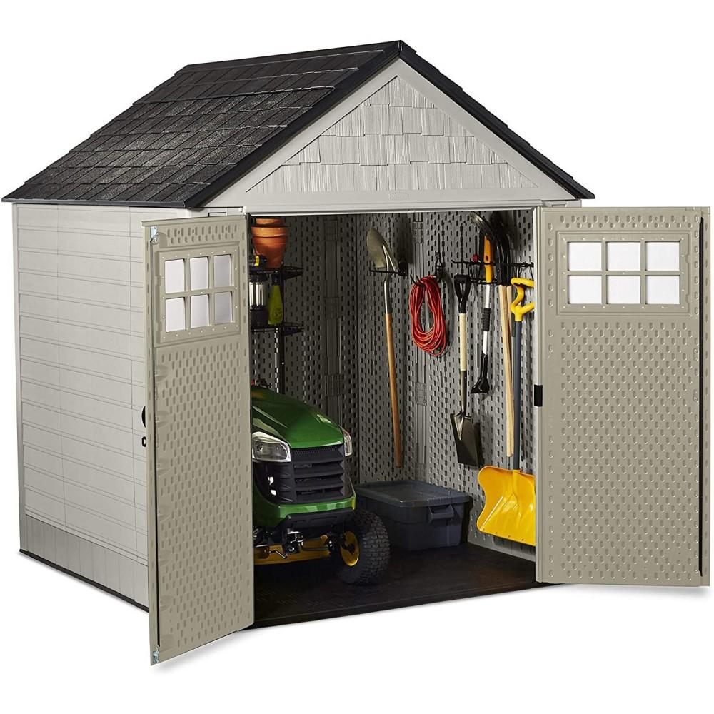 7 7 Ft Durable Weather Resistant Resin Outdoor Garden Storage Shed with Windows and Utility Hooks, Sand - Image 6