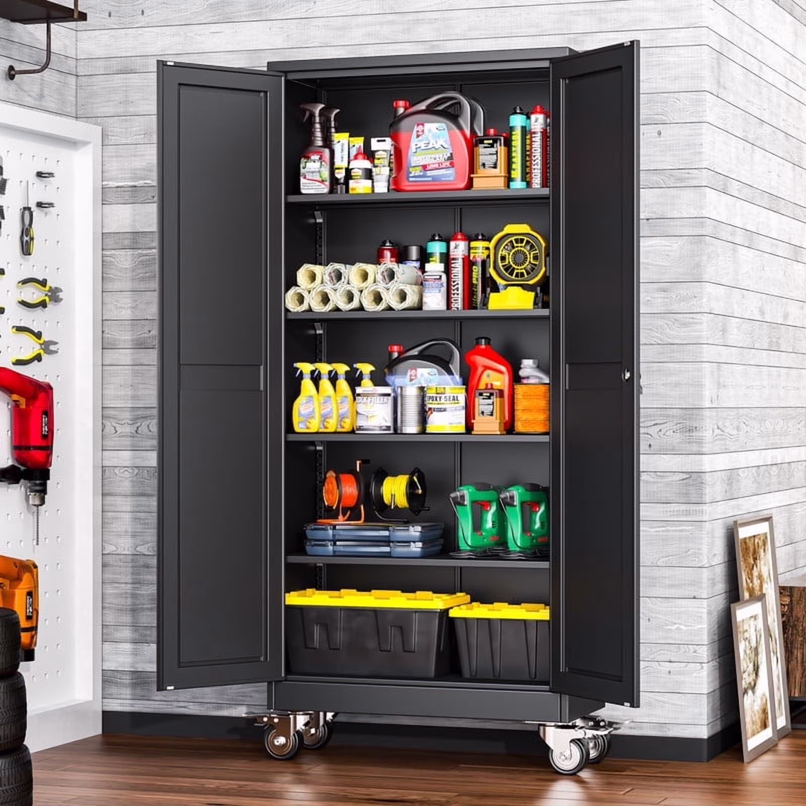 Erosoei 75"H Metal Garage Storage Cabinet with Wheels, Tool Storage Cabinet with 5 Adjustable Shelves - Image 5