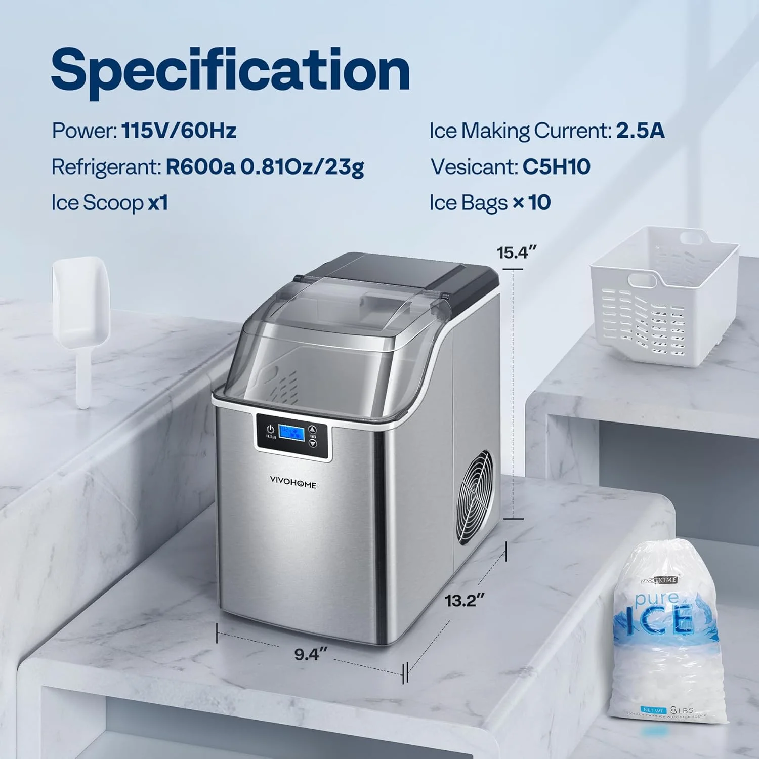 SPECSTAR Nugget Ice Maker Machine, Countertop Ice Maker with Hand Scoop 10 Ice Bags and Self Cleaning Function 44lbs/Day, Silver - Image 8