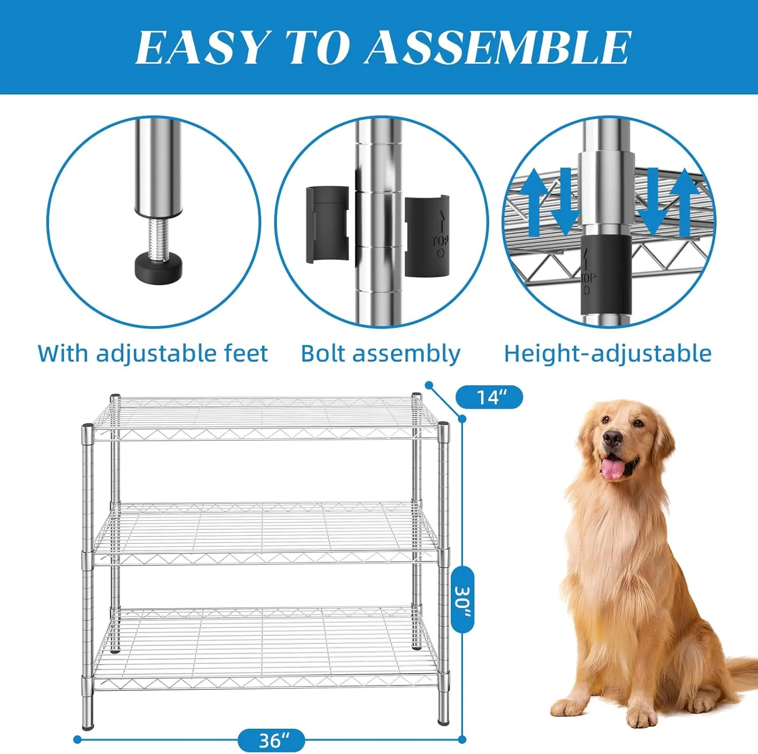3-Shelf Adjustable Metal Shelf Wire Shelving Storage Rack for Office,Kitchen,Bedroom,Bathroom,Laundry,Pantry Basement,Garage(Chrome,36" L x 14" W x 30" H) - Image 3